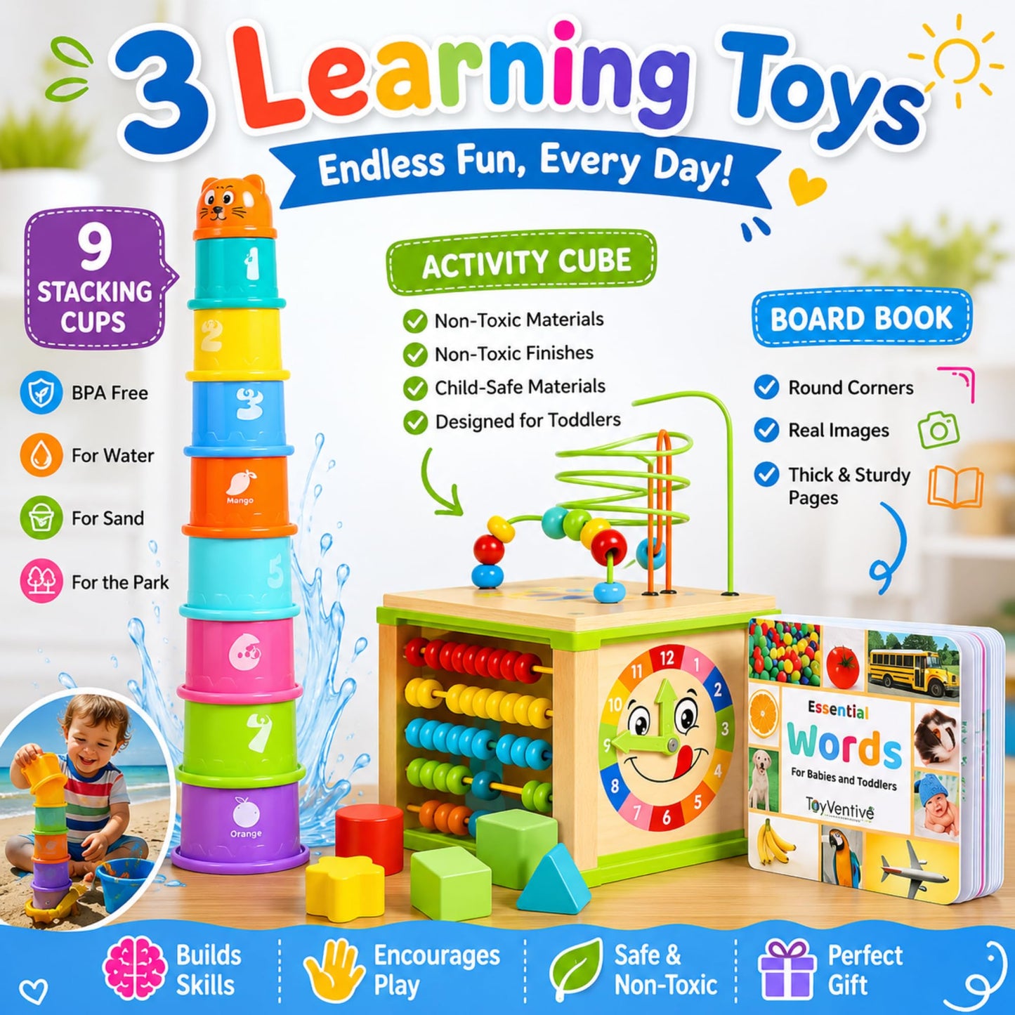 Wooden Activity Cube for 1 Year Old - 1 Year Old Boy Gifts - 1 Year Old Boy Toys - Educational Toys for 1 Year Old - Busy Cube with Bead Maze Toy - Baby Stacking Cups & Board Book - Blue Gift Box