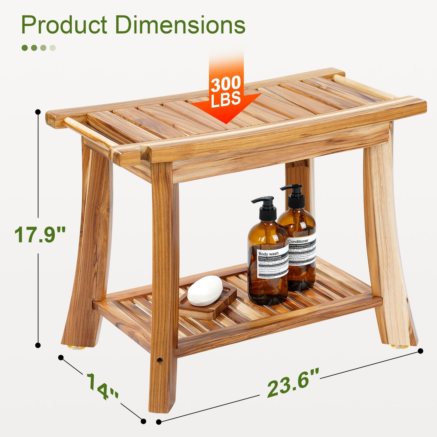 Jekruiet 24" Solid Teak Shower Bench with Towel Bar & Storage Shelf - Waterproof Bath Stool with Fixed Non-Slip Feet, 300lbs Capacity