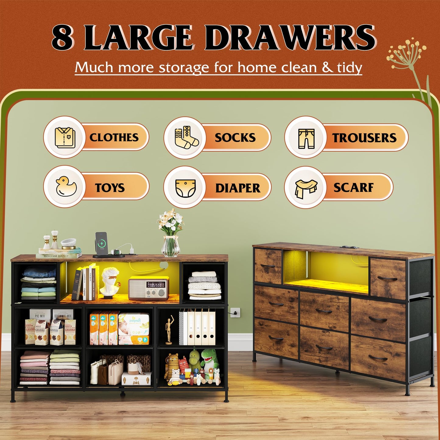 WLIVE Dresser TV Stand for 45, 50, 55 inch TV, Entertainment Center with LED Lights & Charging Station, Chest of Drawers with 8 Fabric Drawers and Open Shelves for Living Room, Hallway, Rustic Brown