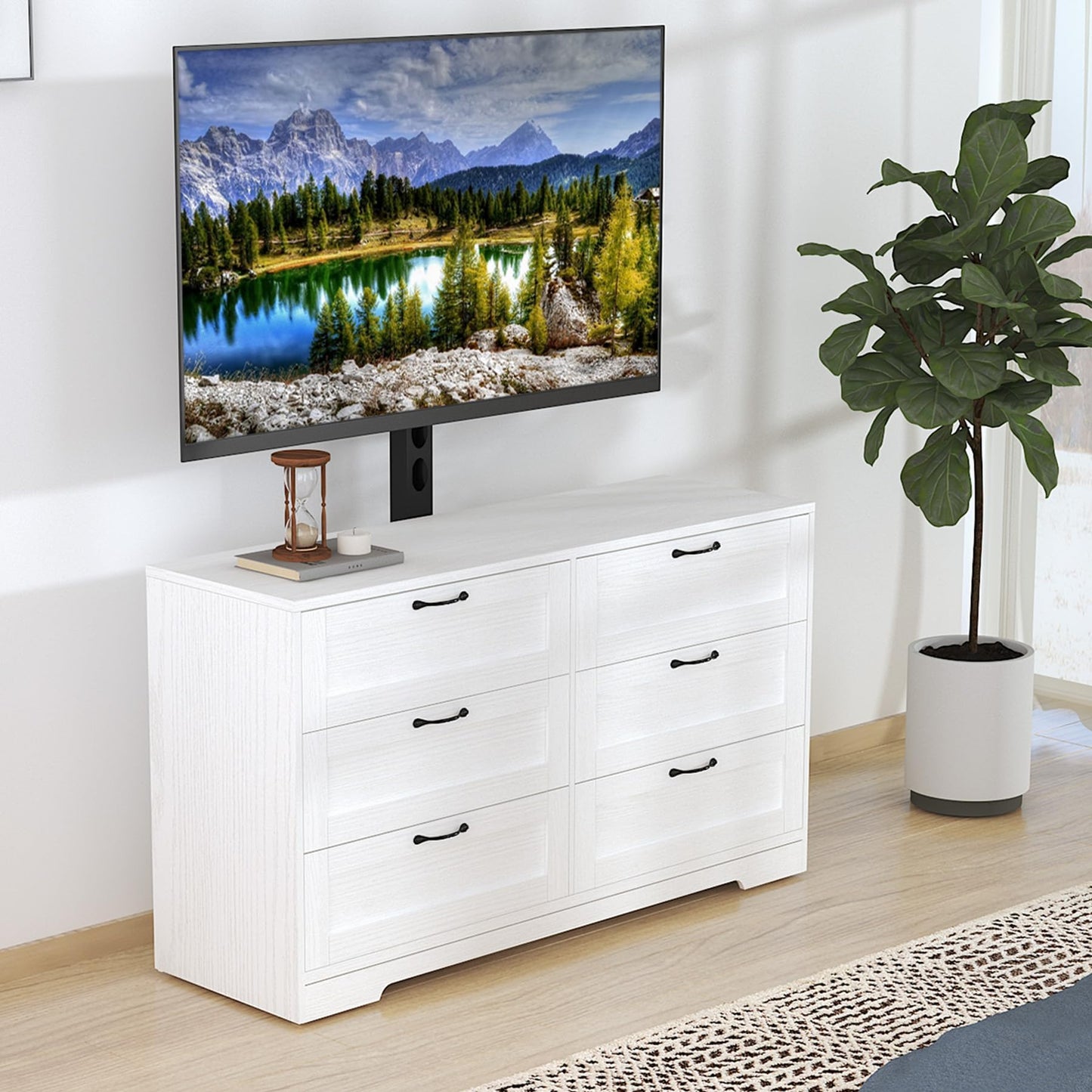 GAOMON 6 Drawer Dresser for Bedroom, White TV Stand with Height Adjustable Mount for Living Room Fit 32/55/65/75/80 Inch TVs, Farmhouse Entertainment Center as Wooden Media Console Tables