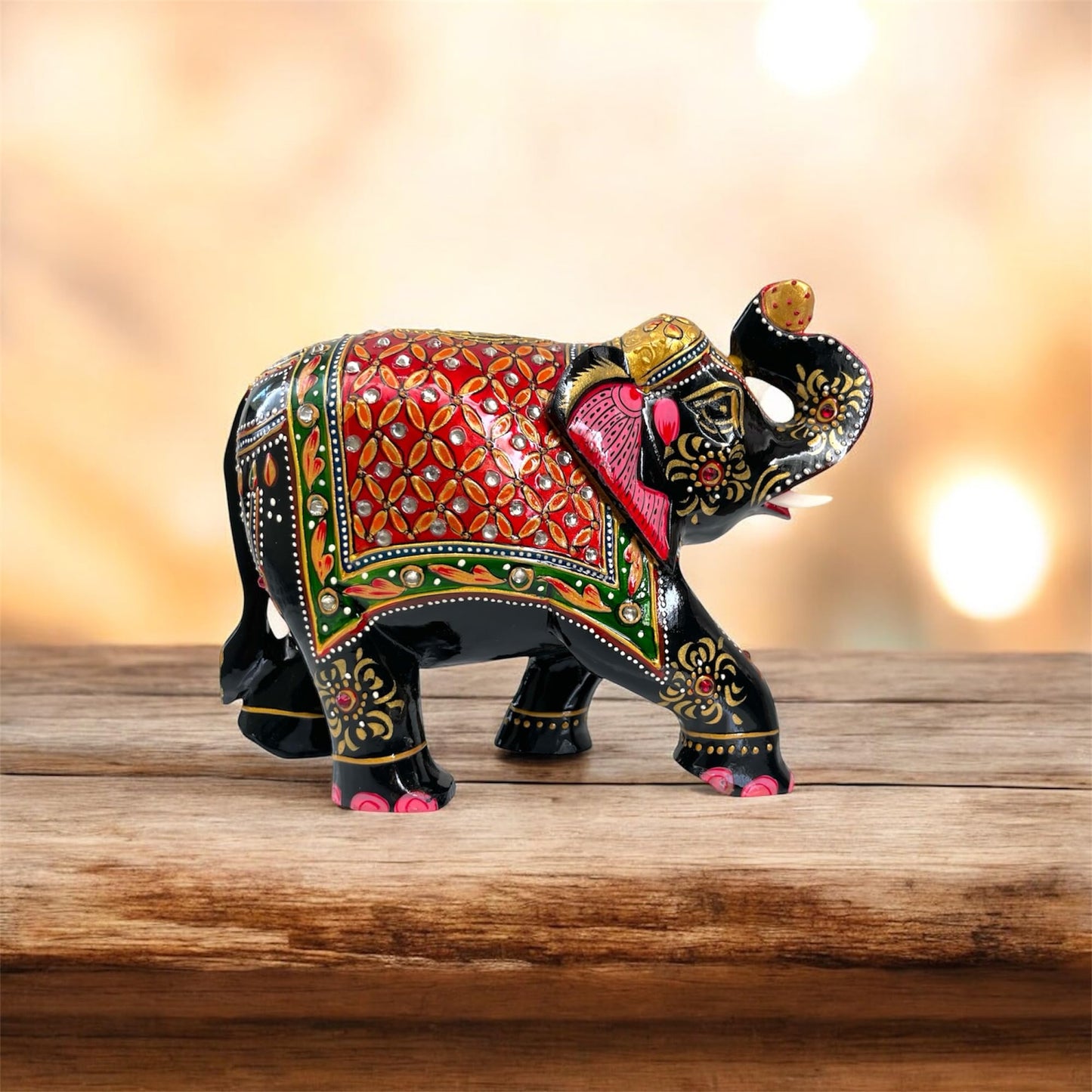 Modern Handcrafted Wooden Elephant Figurine – Trunk up Design with Gemstone Accents | Artistic Decorative Elephant Statue for Home Decor, Office, Gifts – Symbol of Protection & Wisdom (Black & Gold)