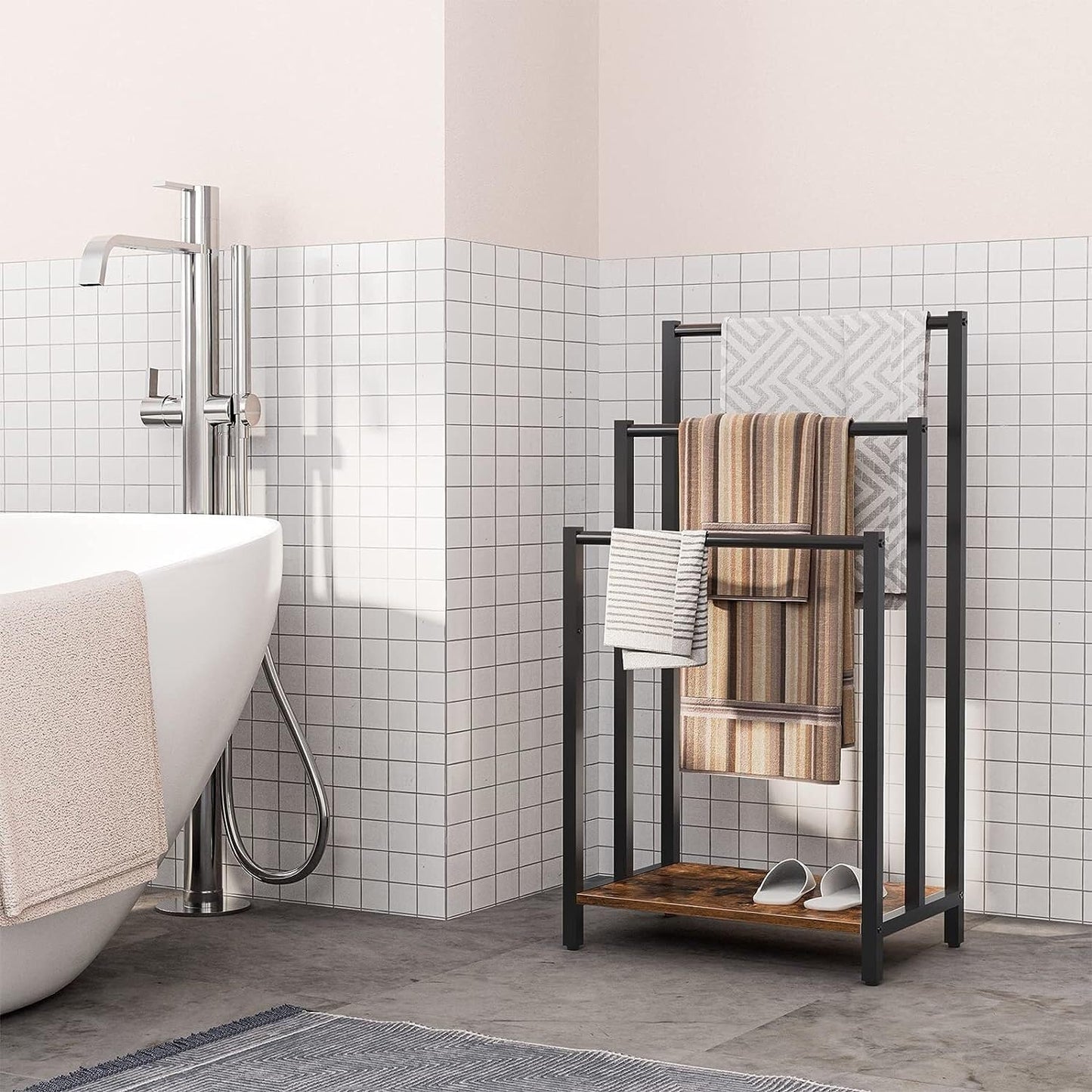 SHSWUD Free Standing Towel Rack, Pool 3-Tier Freestanding Blanket Ladder Towel Rack Holder with Shelf for Bathroom Large Storage
