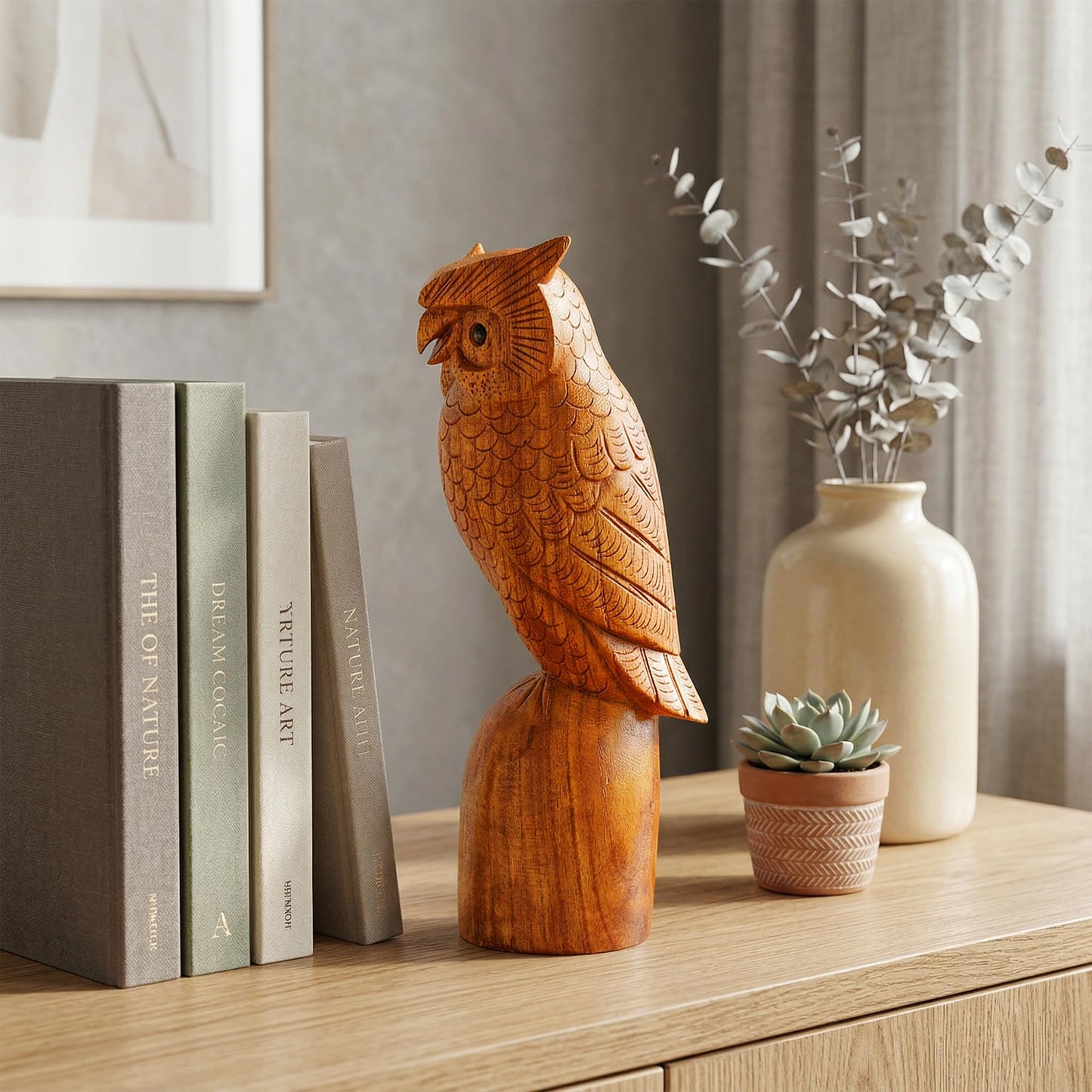 G6 Collection 10" Wooden Handmade Owl Figurine Handcrafted Statue Art Home Decor Sculpture Hand Carved Decorative Rustic Accent Decoration Hoot Owl Standing on a Tree Branch