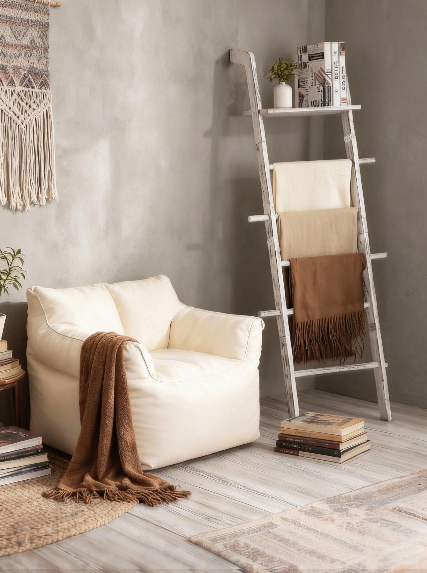 Wash White Wood Blanket Ladder with Top Shelf for the Living Room, 67in Decorative Blanket Holder, 5 Tier with Side Hooks for Hanging, Rustic Farmhouse Towel Throw Ladder Rack for Organize and Display