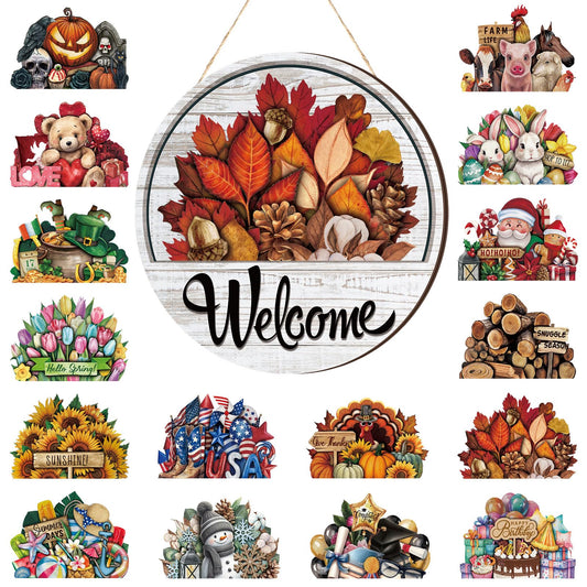 Yousoontic 17 Pcs Interchangeable Welcome Sign for Front Door Wood Seasonal Magnetic Icon Holiday Wreath Decor Rustic Hanging Sign for Fall Harvest Autumn Home Decor Gift(Classic Color,Welcome)