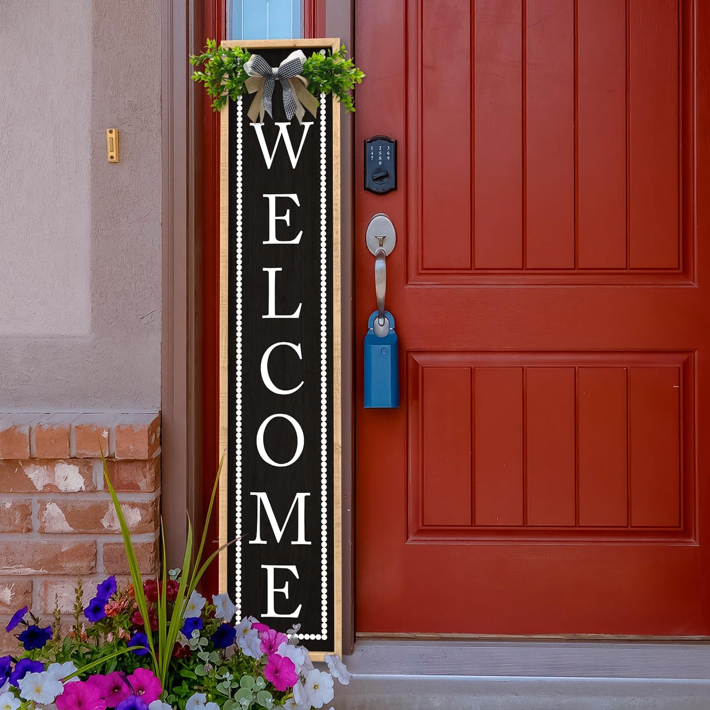 Aurapeak Welcome Sign for Front Porch Door Standing, Outdoor Large Wooden Home Rustic Farmhouse Yard Vertical Hanging Modern Entryway Plaques Outside Decorations (45"X9" Wood Black)