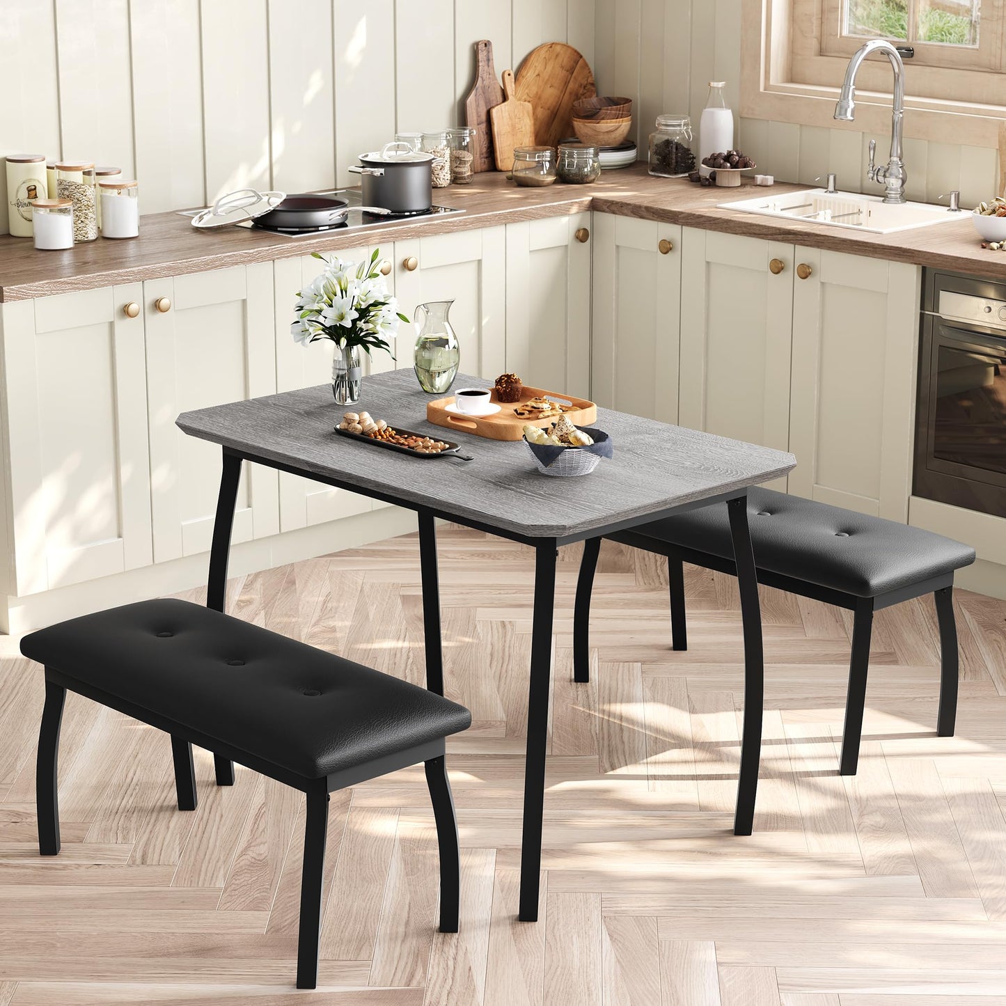 Garvee Dining Table for 4, 3-Piece Kitchen Table Set with Wooden Tabletop and Metal Frame, Industrial Retro Kitchen Table with 2 PU Leather Benches for Bar, Dining Room, Restaurant- Grey