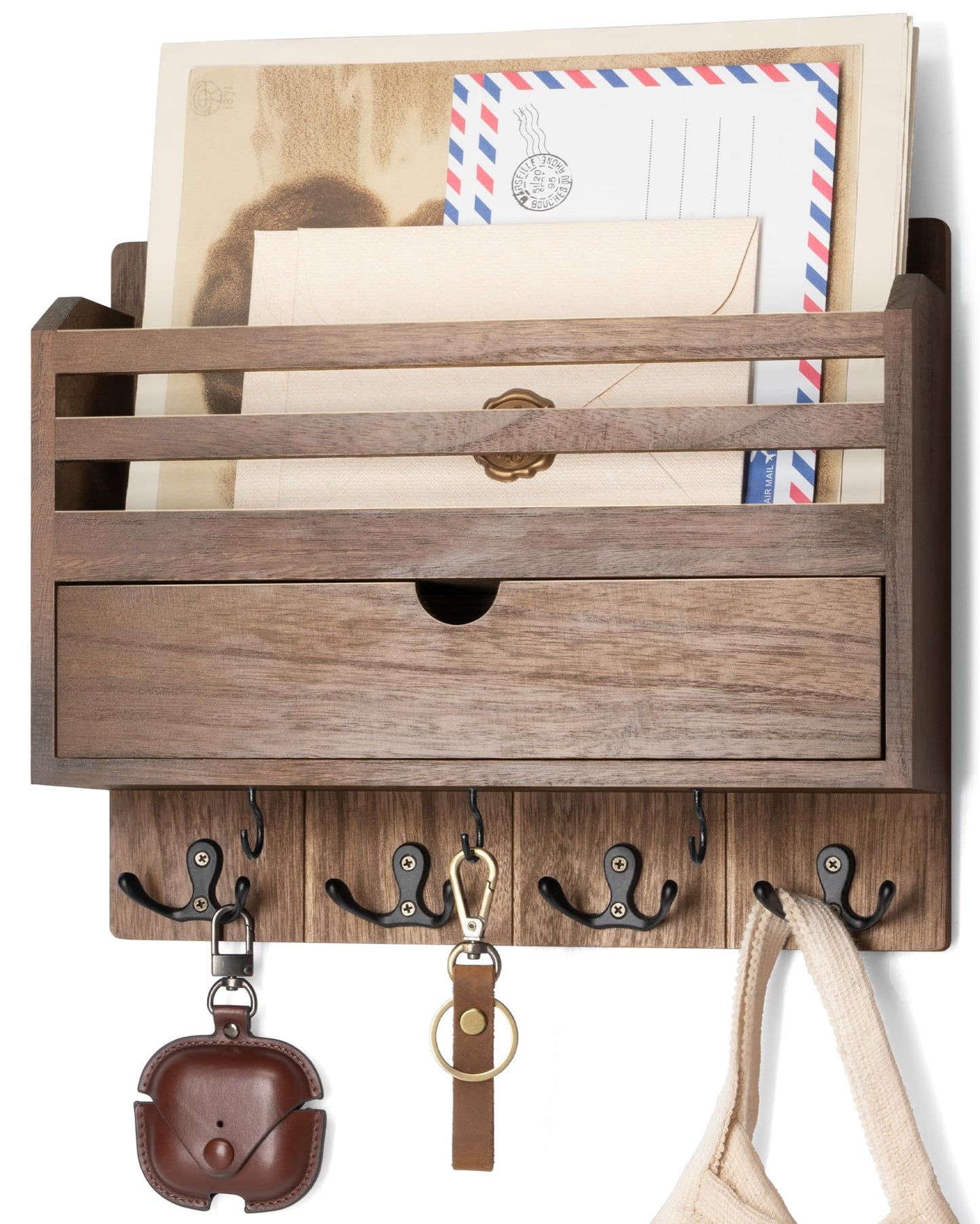 Rebee Vision Farmhouse Wood Mail Organizer Wall Mount - Key and Mail Holder for Wall with Storage Drawer and 7 Key Hooks - Rustic Home Decor for Entryway, Office and Garage (Retro Brown)