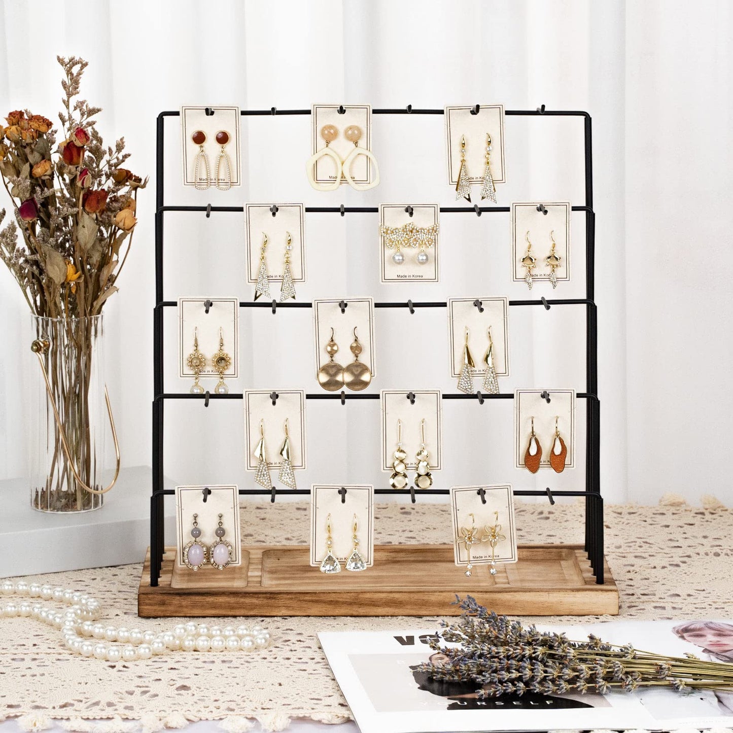 DGWJSU Earring Display Stands for Selling, Earring Rack Display Holder Stand, Jewelry Display for Selling Earring Cards, Bracelets, Hair Accessories, Rings, Necklaces (Rustic Brown, Common Size)