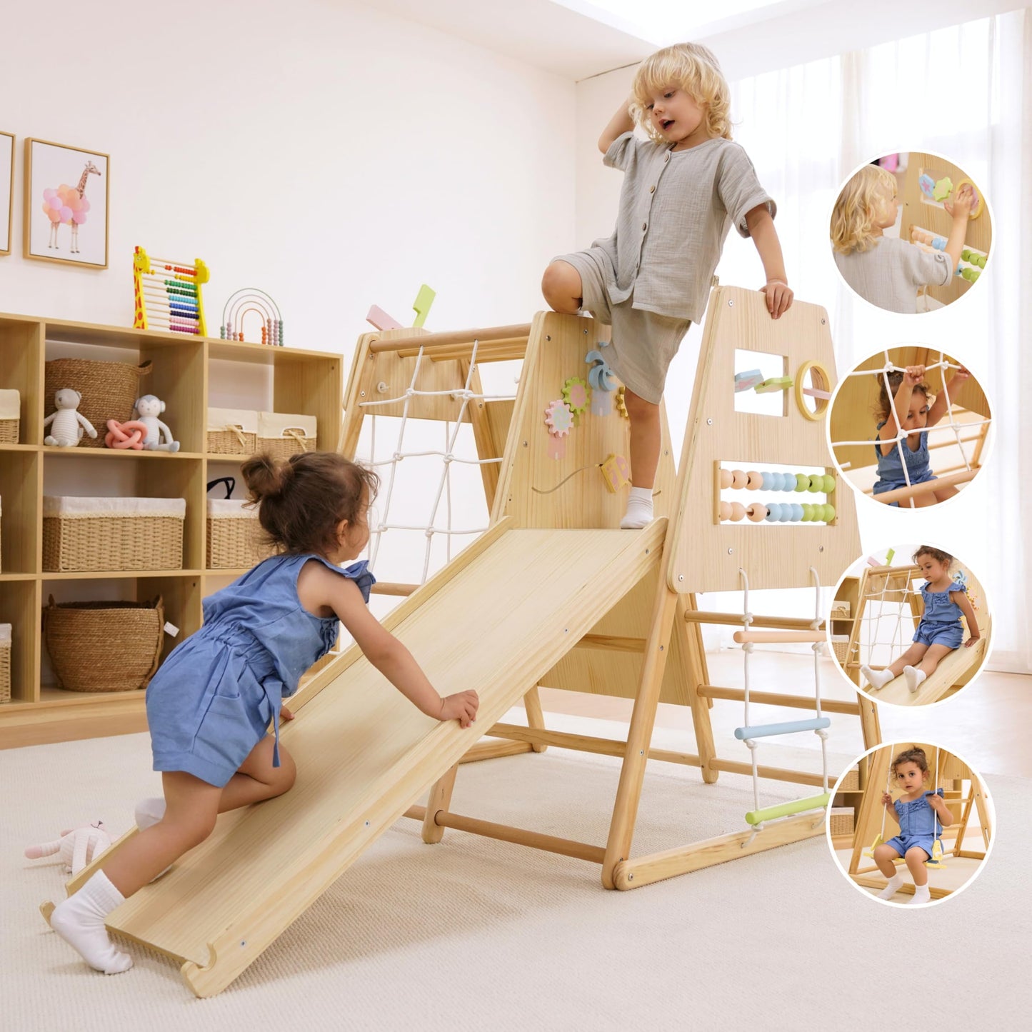 Avenlur Cherry 5-in-1 Wooden Indoor Climber – Montessori Toddler Play Gym with Slide, Rock Wall, Rope Ladder, Sensory Panel & Swing – Indoor Playground for Kids Ages 18 Months to 5 Years