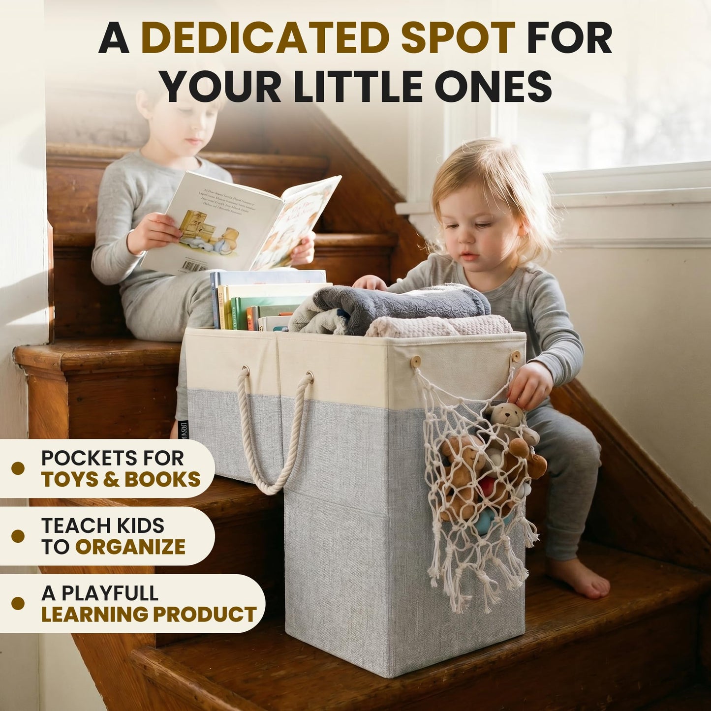 DONAQ Stair Basket with Hammock for Carpeted & Wooden Stairs – Staircase Basket Organizer for Laundry, Toys, Books, Blankets & Household Storage - Large Stairstep Basket Bin with Cotton Handle