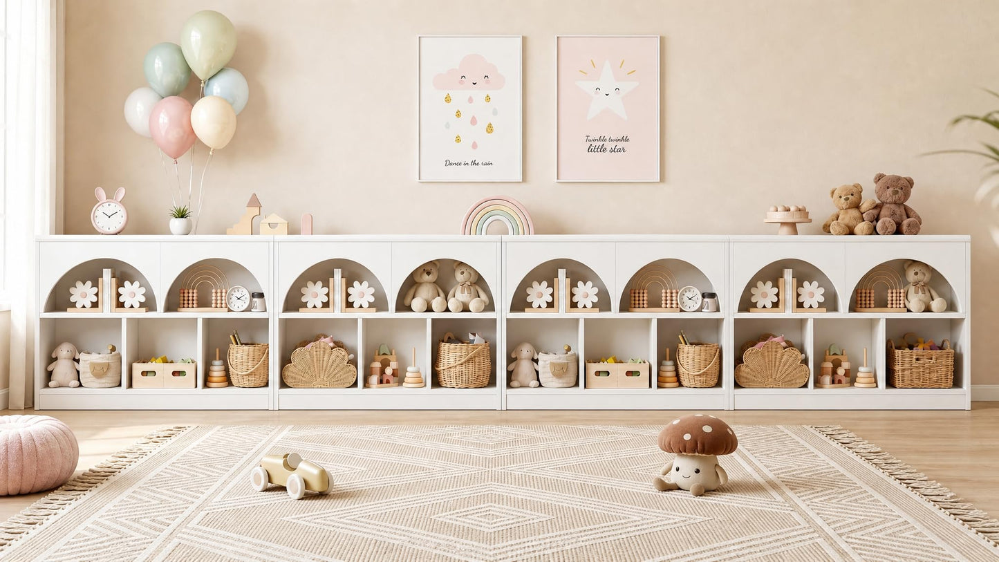 Fatmok 4 Pack Montessori Bookshelf, Modern Arched Wooden Toy Organizer, 5-Section Storage Shelf with Curved Edge, Decorative Furniture for Kids Room Play Area Nursery Kindergarten, White