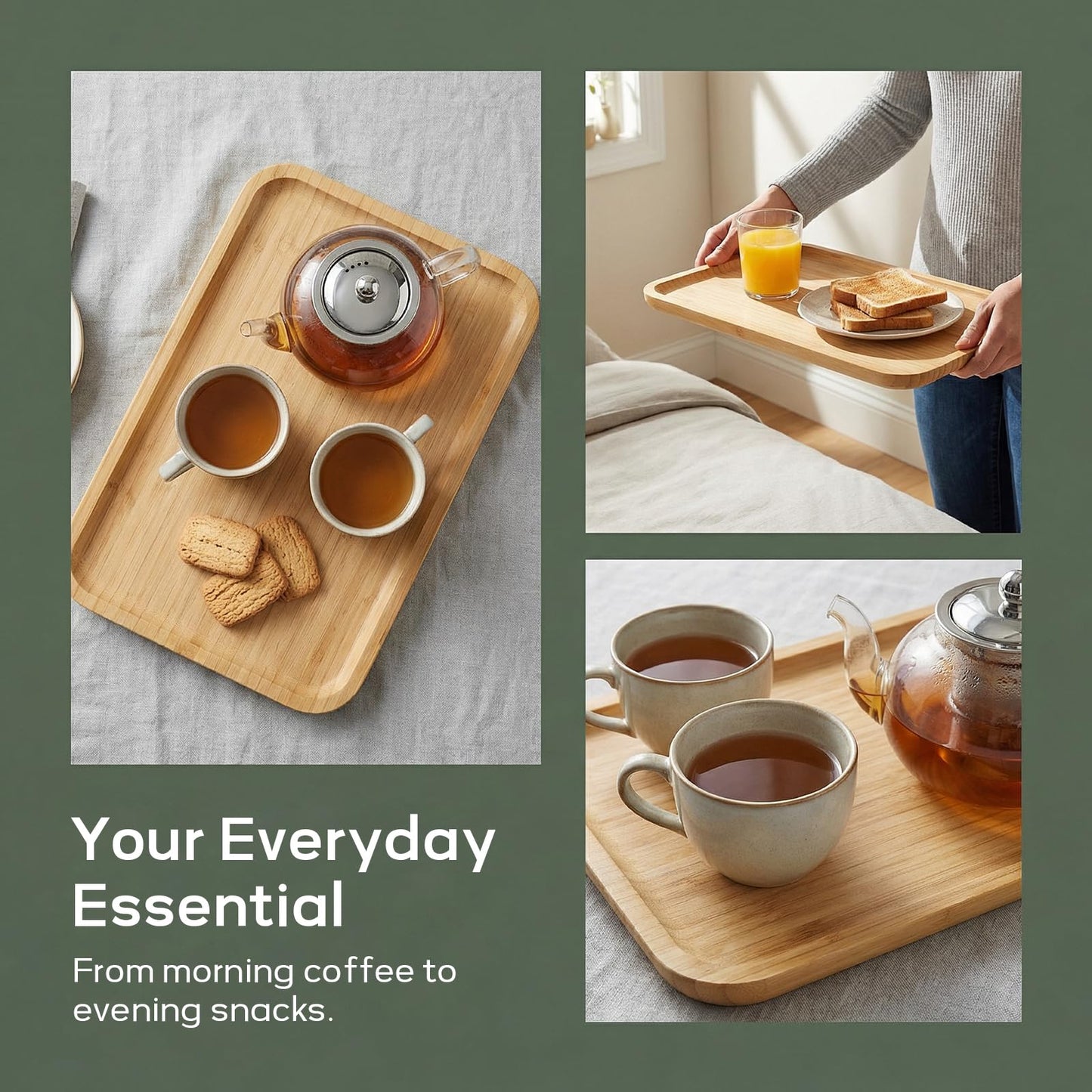 LEXININ 4 Pcs 14 x 9.4 x 0.6 Inch Bamboo Serving Tray, Wooden Platter Rectangular for Tea Coffee Cheese Fruit