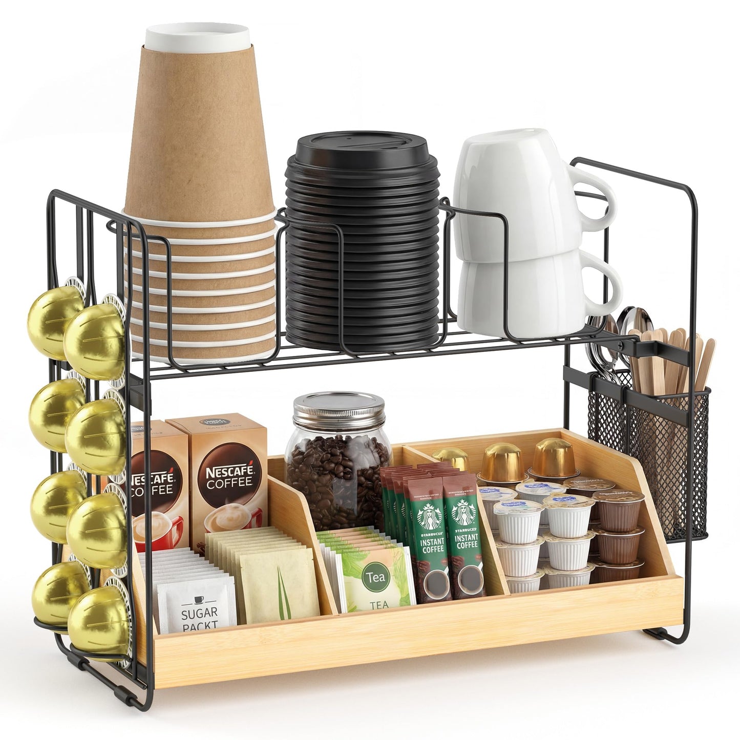 CACHOLIV Coffee Station Organizer for Countertop - Bamboo Bar Organizer Rack for Nespresso Pod & K Cup - Coffee Pods Holder Storage Basket - Cup and Condiment Station for Kitchen Office Home (Black)