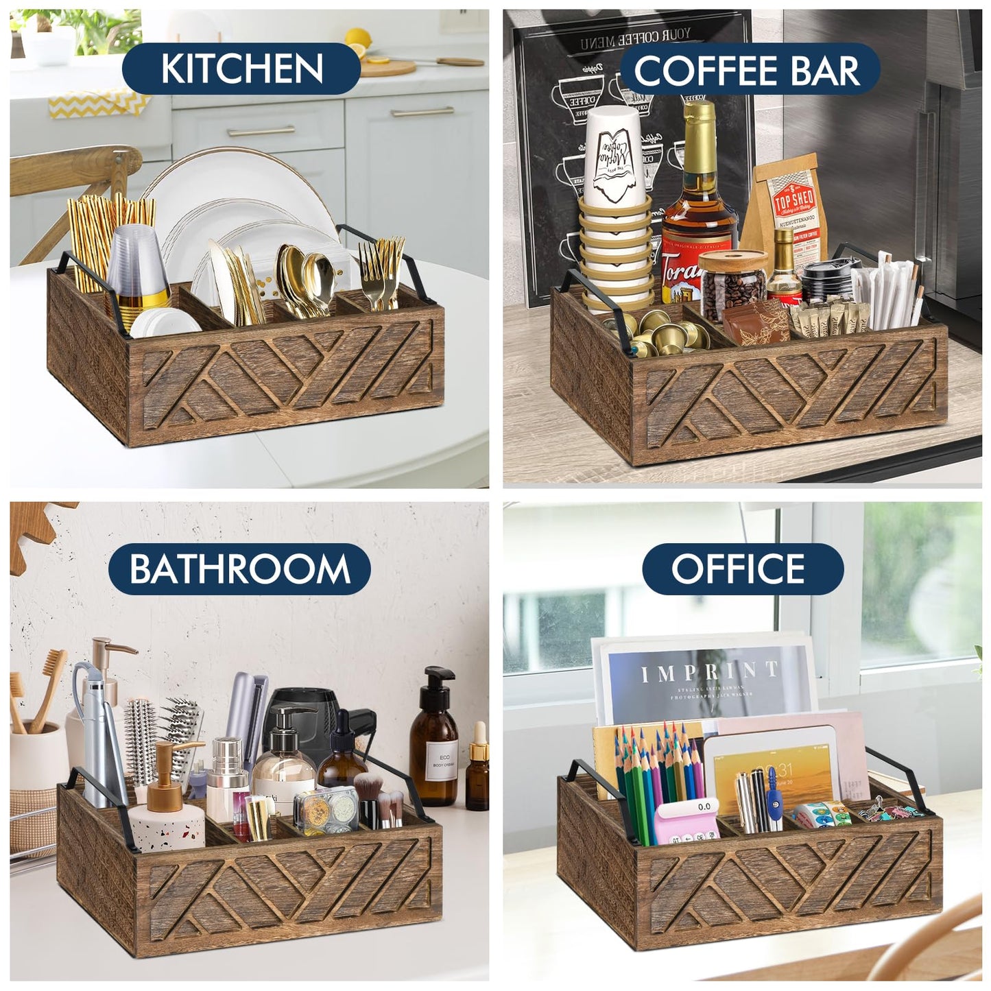 Ukonvi Flatware Organizers Paper Plate Dispenser with Handles, Paper Plate Holder for Kitchen Counter, Wood Rustic Silverware Utensil Caddy, Brown
