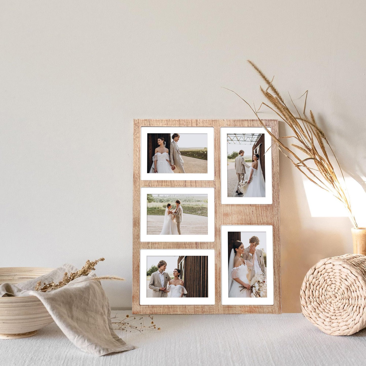 YESKAY 4x6 or 5x7 Picture Frames, Rustic Brown Wooden Frame with Real Glass, Displays Pictures Five 4x6 with Mat or 5Pcs 5x7 without Mat for Wall Mounting, Photo Collage Frame