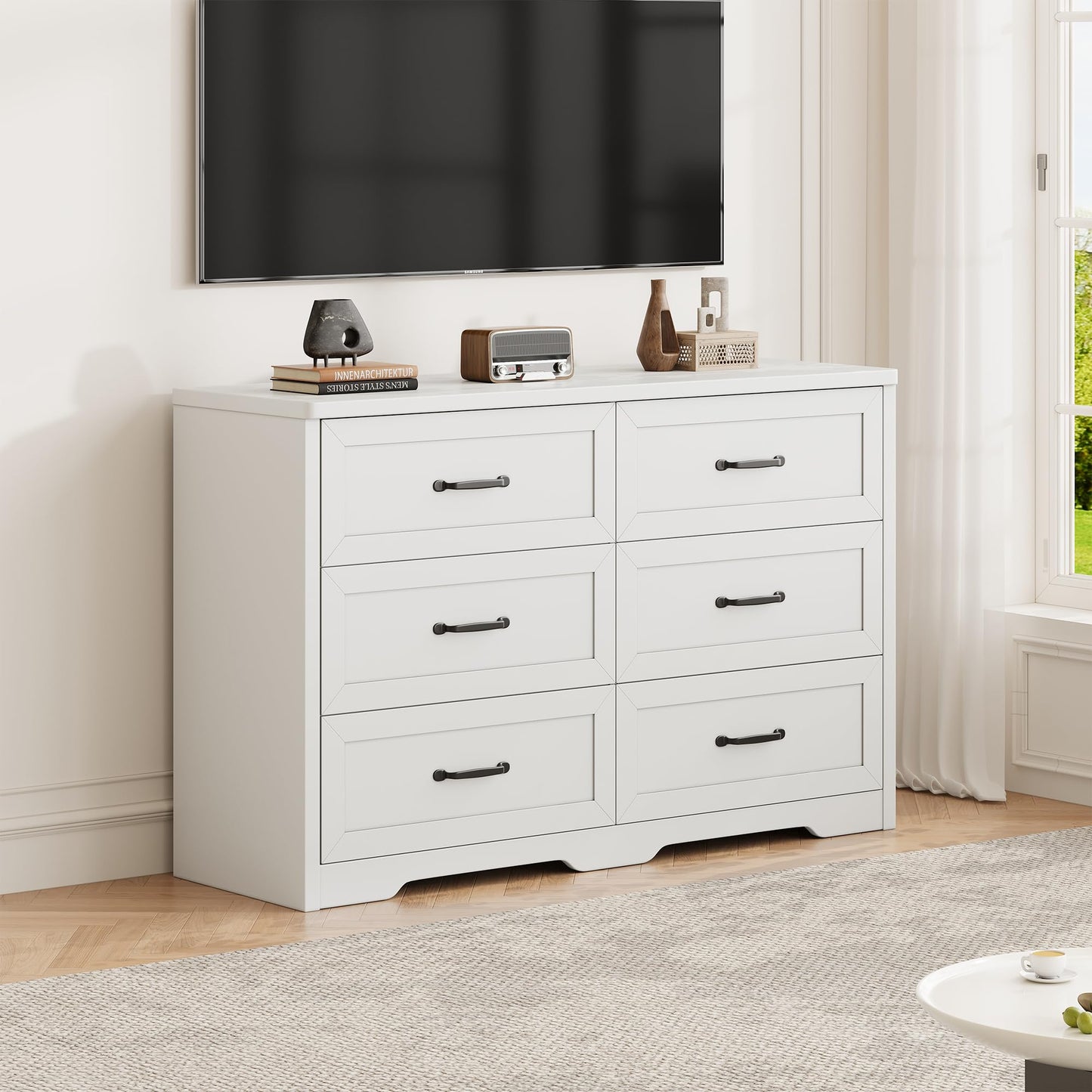 Ball & Cast Farmhouse 6 Drawer Dresser for Bedroom, 47" W Modern Chest of Drawers with Metal Handles, Wood Dresser TV Stand, Dresser Drawer Organizer for Closet, Living Room,Hallway,White