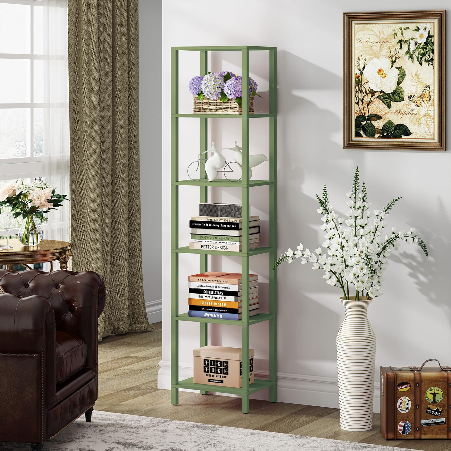 TUTOTAK Bookshelf, 6-Tier Tall Book Shelf, Narrow Bookcase for Small Space, DIY Stackable Bookshelf, for Living Room, Office, Study, Entryway, Industrial, Olive Green BS01BOG006