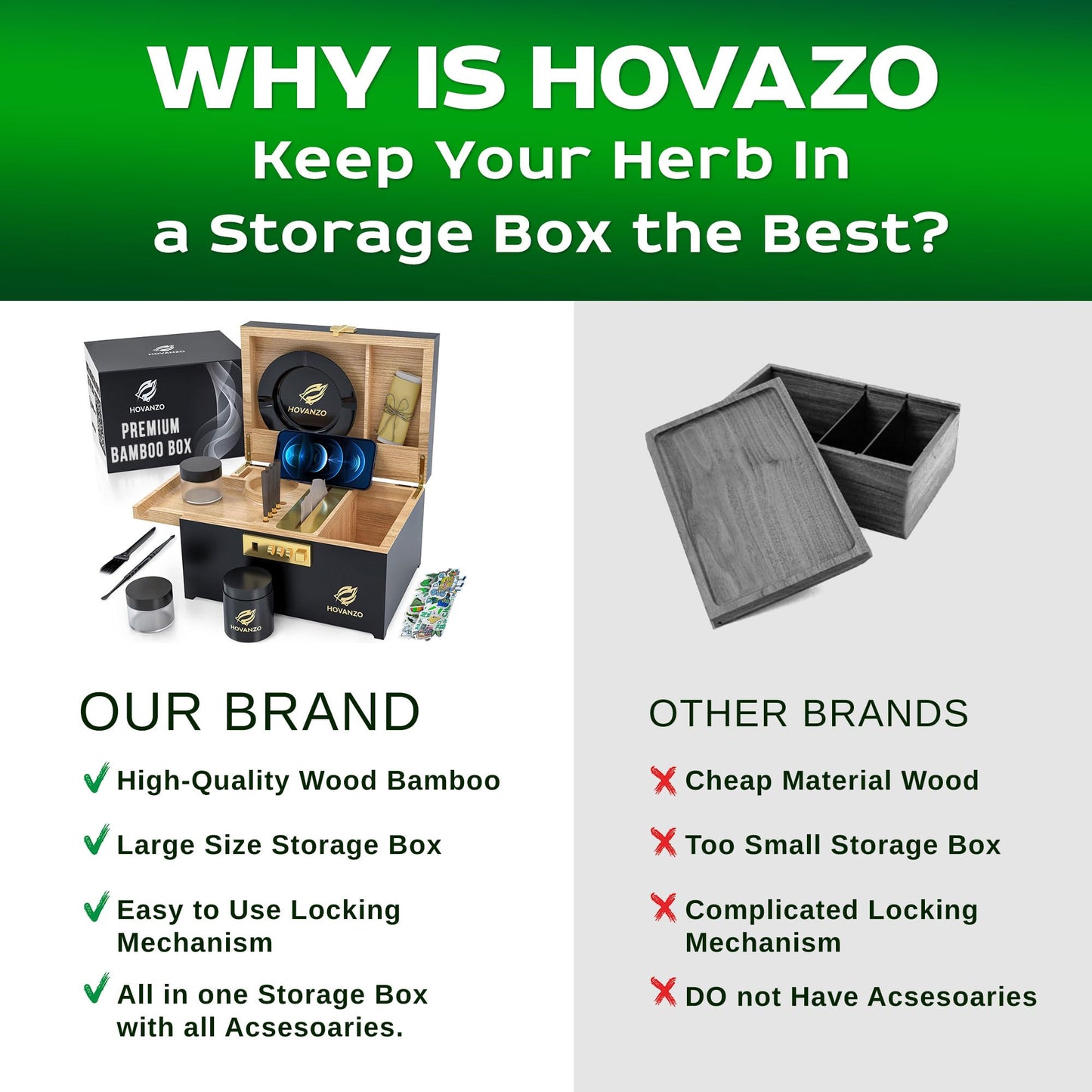 HOVANZO Upgraded Premium Large Bamboo Box - Locking Storage Decorative Box with Combination Lock - Wood Kit with lid - Wooden Locking Storage with Removable Tray and Jars