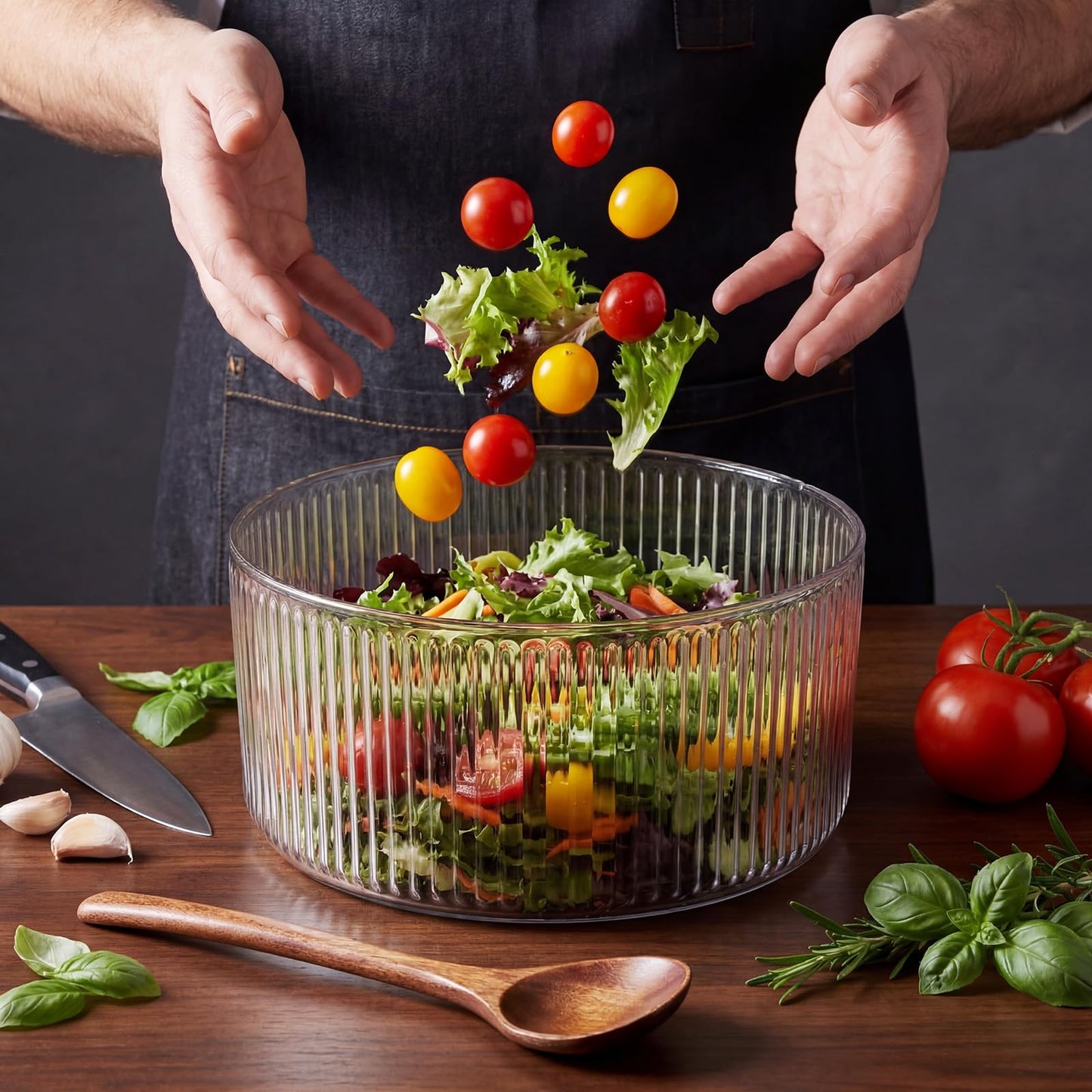 Singhoow Large Ribbed Glass Salad Bowl Set, Party Salad Bowl with Wood Base and Lid as Cheese Charcuterie Board and Plate, Comes with 5 Pieces of Elegant Wood Serving Utensils(9" X 5.9")