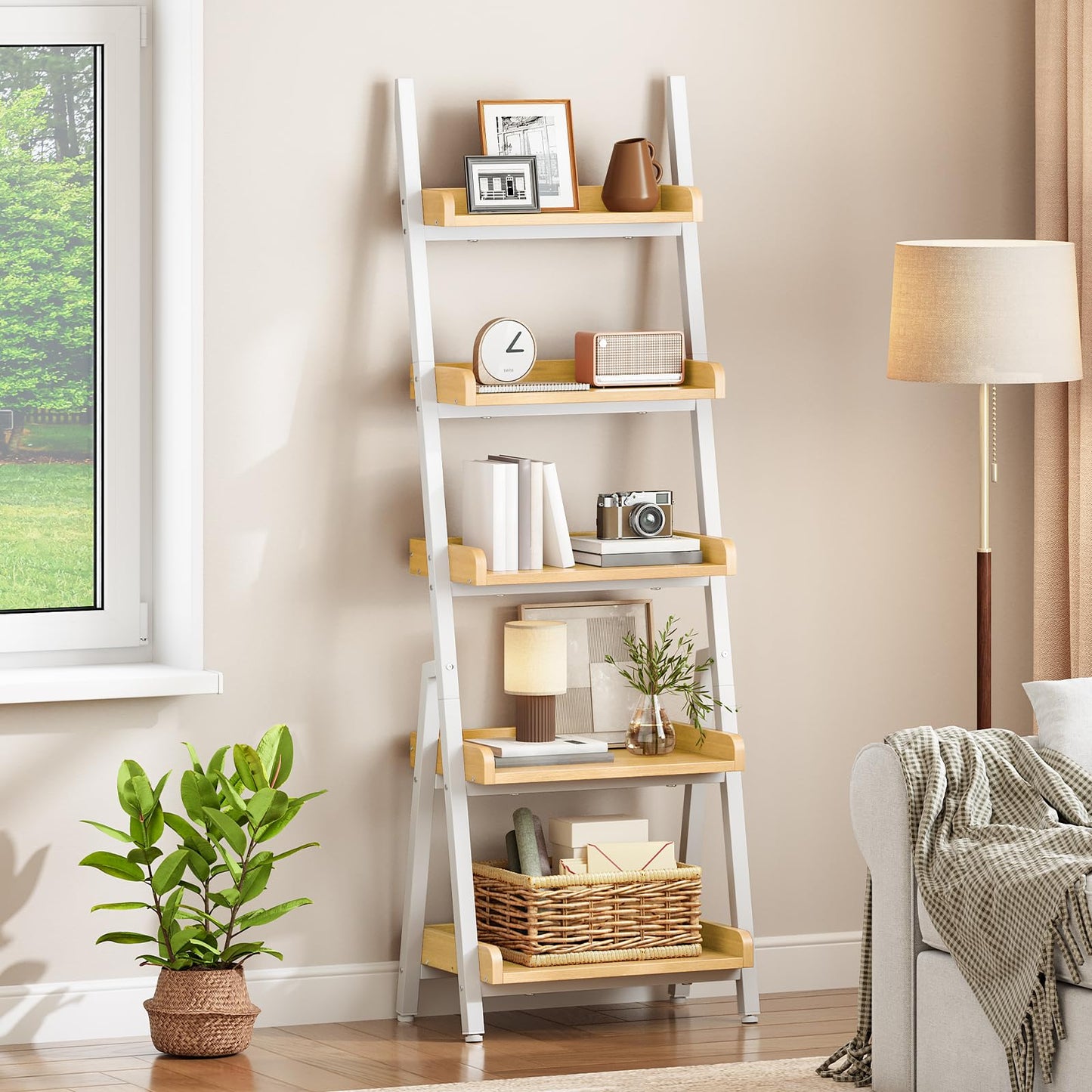 HOOBRO Small Bookcase, Ladder Shelf, 5-Tier Wall-Leaning Shelf, Freestanding Storage Rack, Display Stand, for Living Room, Home Office, Balcony, Bedroom, White and Natural WN151CJ01