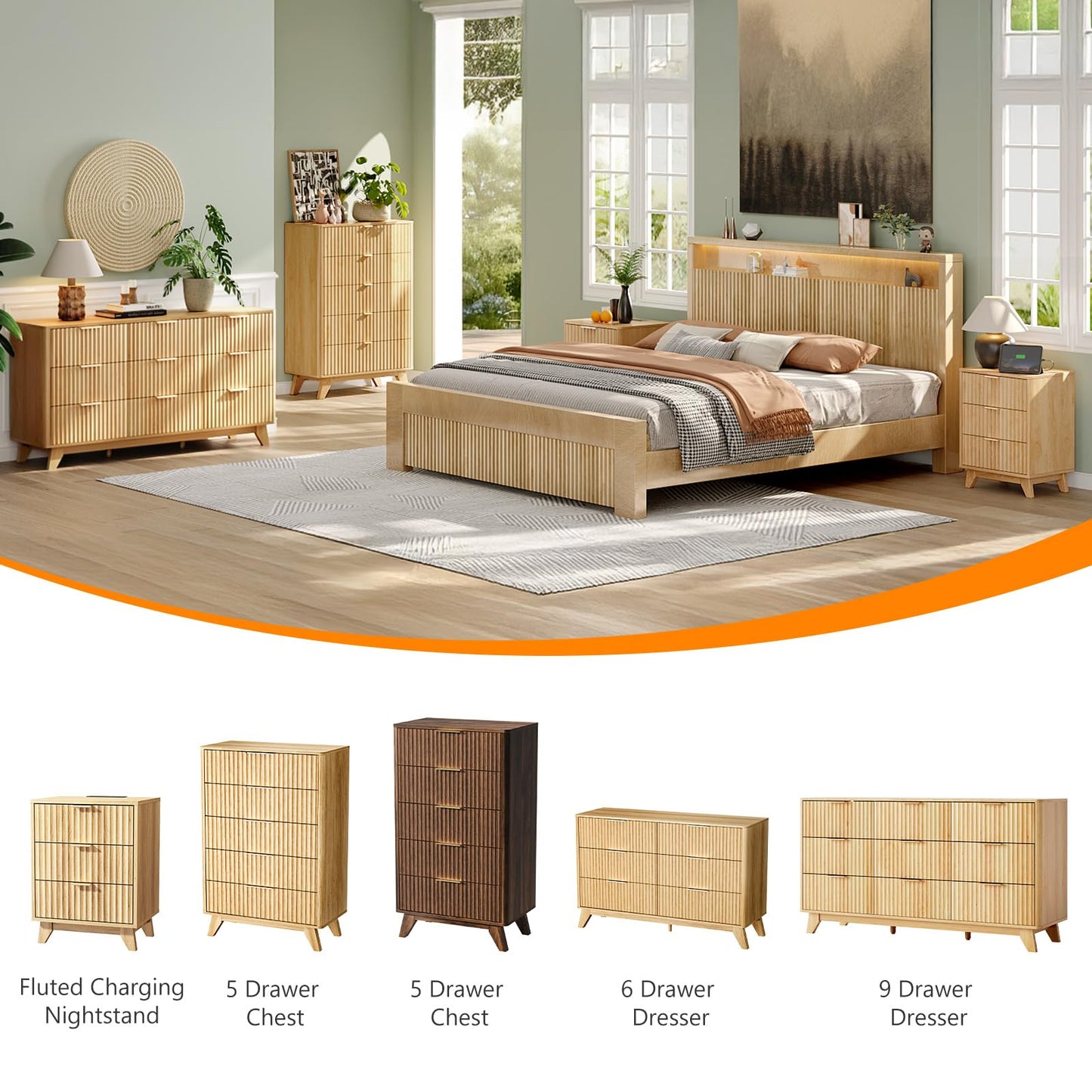 VINGLI Fluted 9 Drawer Dresser for Bedroom, Wood Dresser with Rounded Edges, 57" Long Dressers Oak, Natural Wood Color, 57" W*15.75" D*29.92" H