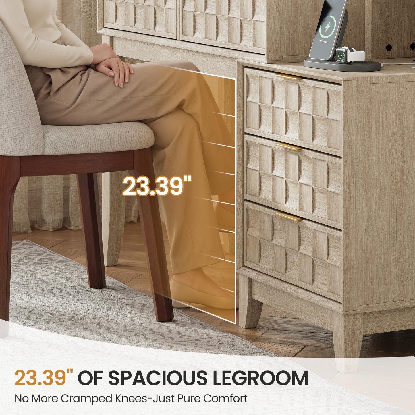 50" Checkerboard Vanity Desk, Wooden Dressing Table with Built-in Power Strip with USB & Type-C, Large Glass Top Makeup Vanity with 5 Drawers & 4 Storage Shelves, Oak Wood