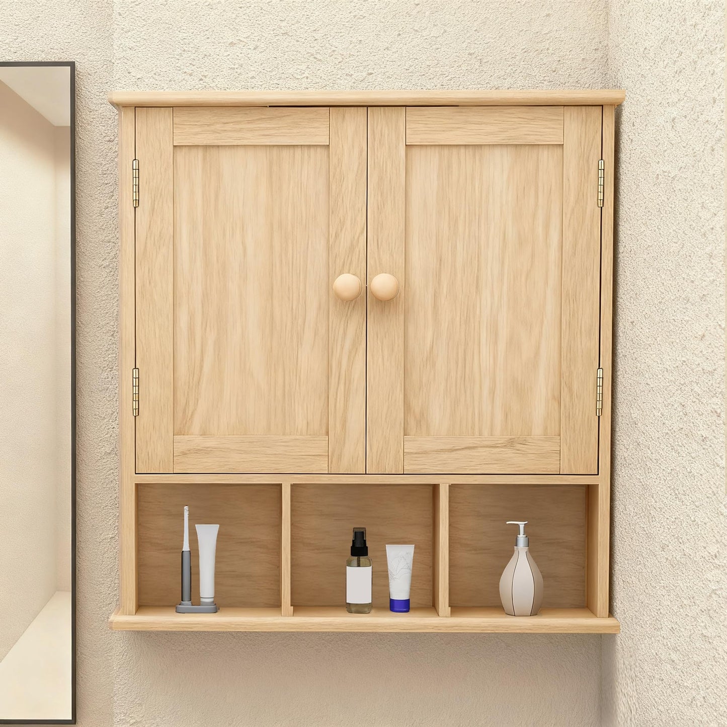 TaoHFE Natural Wooden Color Bathroom Wall Cabinet with 2 Door Adjustable Shelves,Over The Toilet Storage Wall Mounted Medicine Cabinets for Bathroom Laundry Room Kitchen