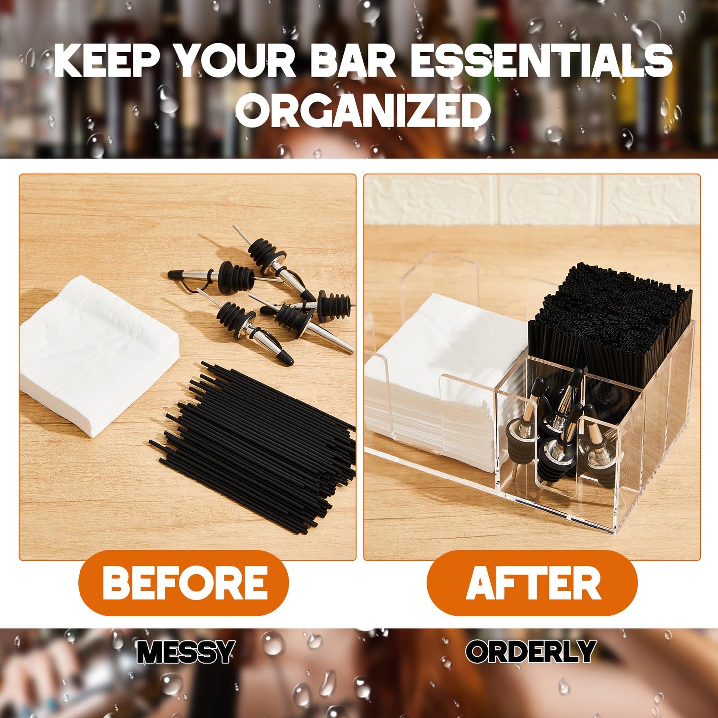 Mifoci 2 Pcs Bar Caddy with 6 Compartments, Bar Napkin Holder Organizer Cocktail Straws and Toothpicks Condiments for Home Office Kitchen Countertop, 9.5 L x 5.9 W(Acrylic)