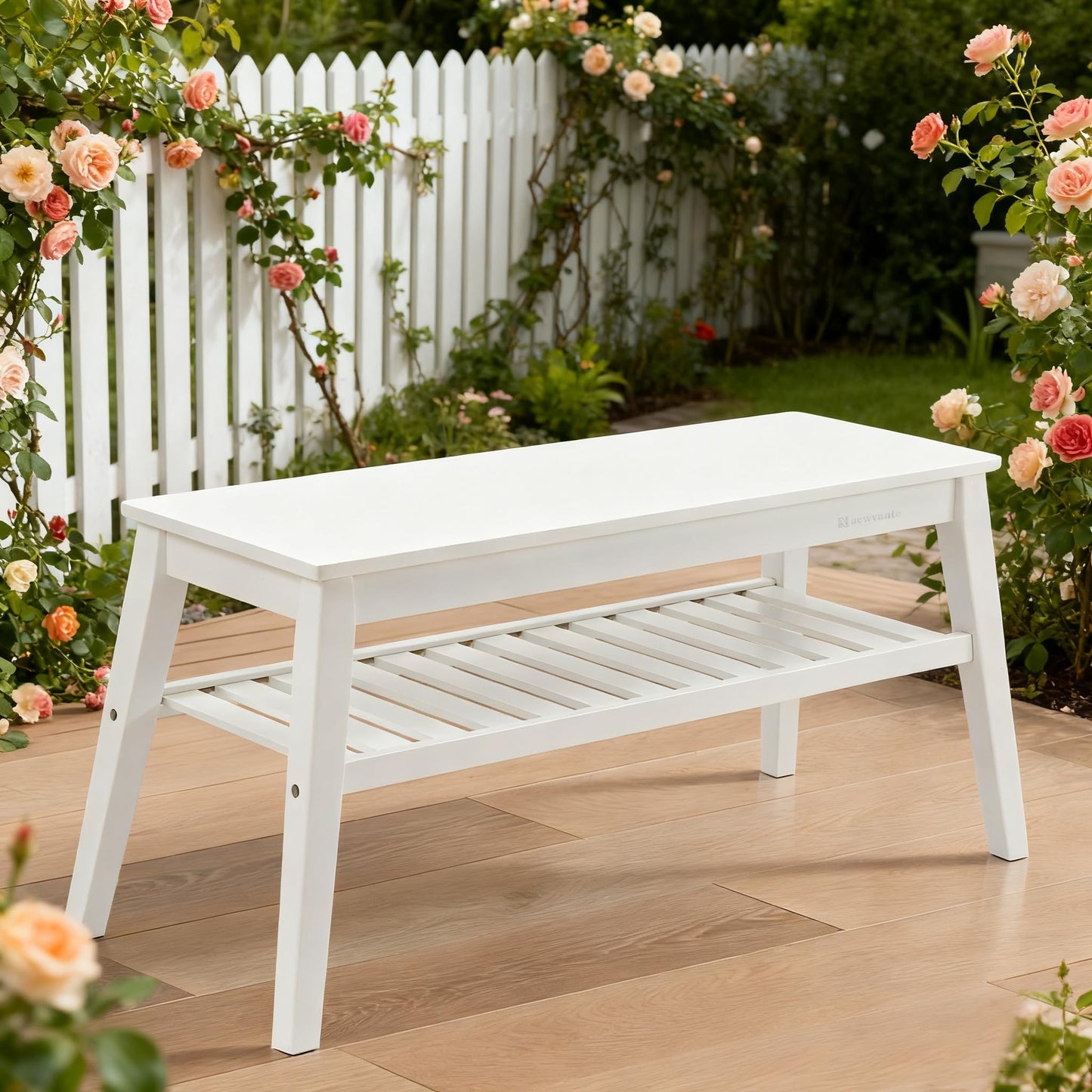 Nnewvante 33.46" White Storage Bench, Bamboo Entryway Bench for Hallway, Living Room, Bedroom, Wood Shoe Rack Wooden Outdoor Bench, Holds up to 300 lbs