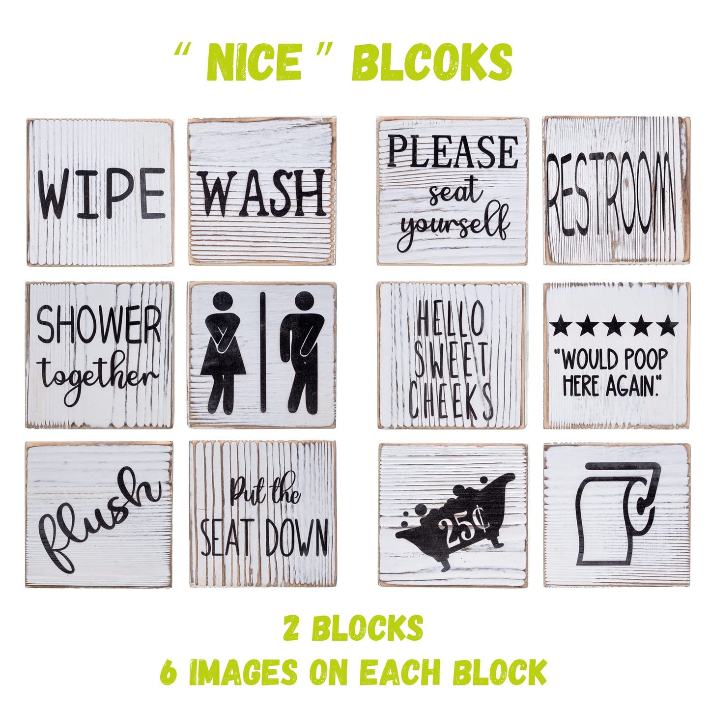 Liswit Farmhouse Funny Bathroom Decor Signs, 3 Wooden Blocks with Plant & Tray, Rustic Decoration for Bathroom Countertop