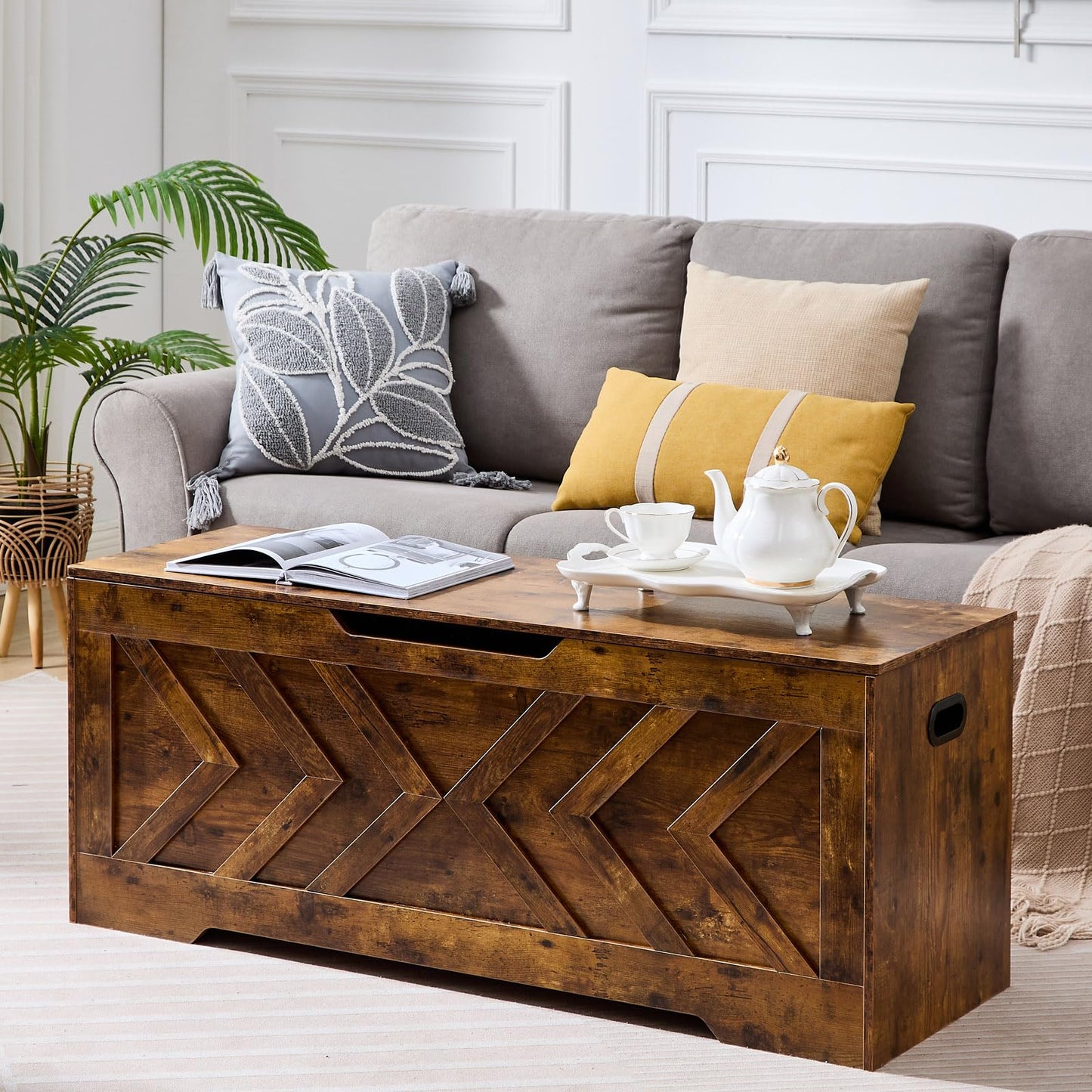 XDliv 47.2” Storage Bench,Extra Large Wooden Storage Chest with 2 Safety Hinges,entryway Bench,Blanket Storage,Shoe Storage Bench for Entryway,Bedroom,Living Room,Easy Assembly.-Rustic Brown