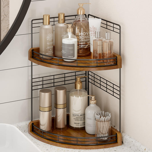 JNFUZ Bathroom Countertop Corner Organizer for Small Spaces – 2-Tier Counter Shelf for Sink & Vanity, Compact Vertical Storage for Toiletries (Walnut)