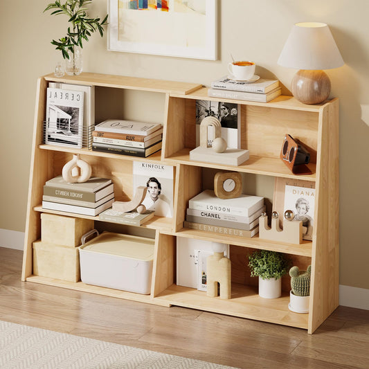 HOTAMO Expandable Solid Wood Bookshelf, 48.35" L x 11.73" D x 31.5" H Extendable Shelf Bookcase with Adjustable Design, Narrow Display Shelf for Bedroom, Living Room, Home Office, Natural Wood