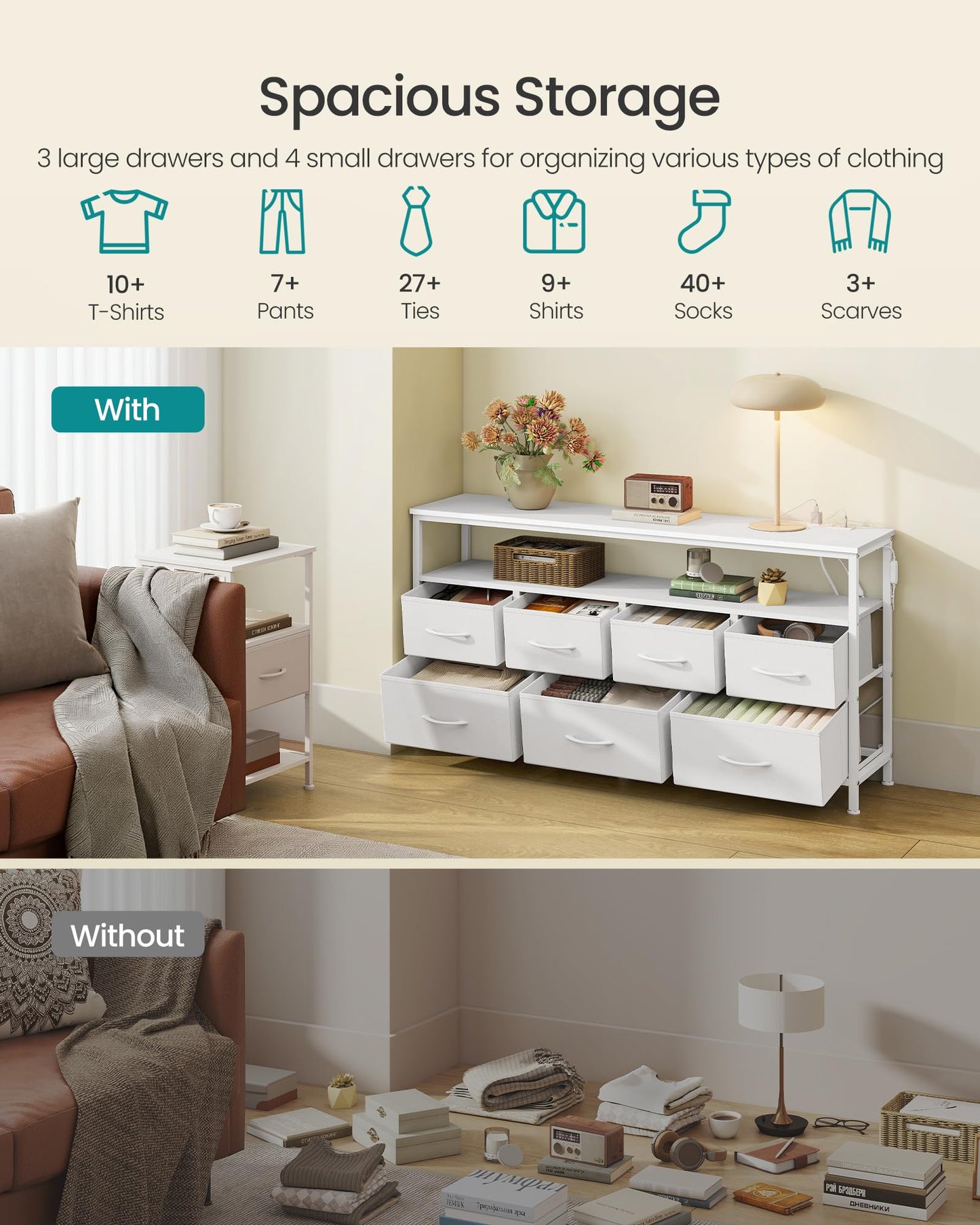 SONGMICS BELLAH Collection - Dresser for Bedroom with App-Controlled LED Lights and Charging Station, Chest of Drawers, TV Stand, 7 Drawers, Shelf, Modern, Cloud White ULGS733WH05S