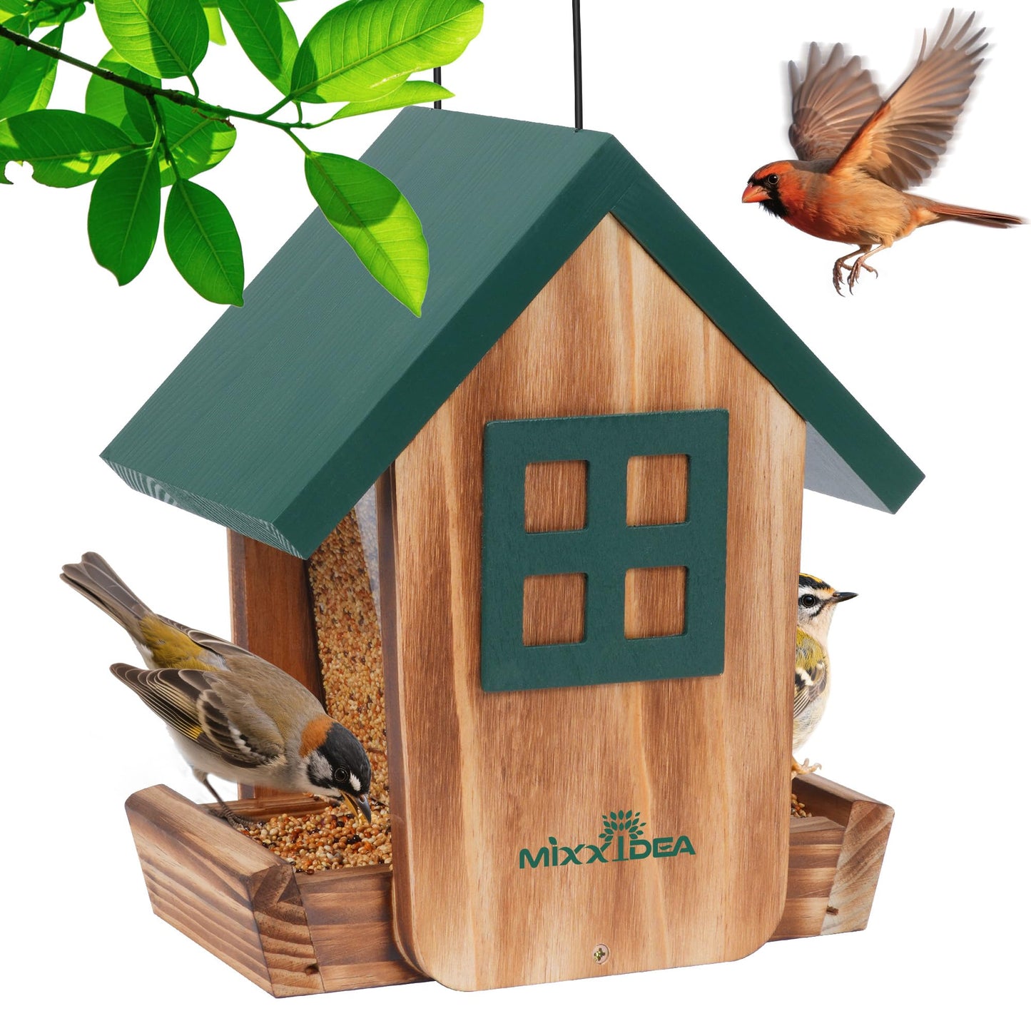 MIXXIDEA Bird Feeder for Outdoors Hanging, Wooden Bird Feeder House with Weatherproof Roof & Metal Tray, Attracting Wild Birds for Outside, Yard, Garden Decoration, Green