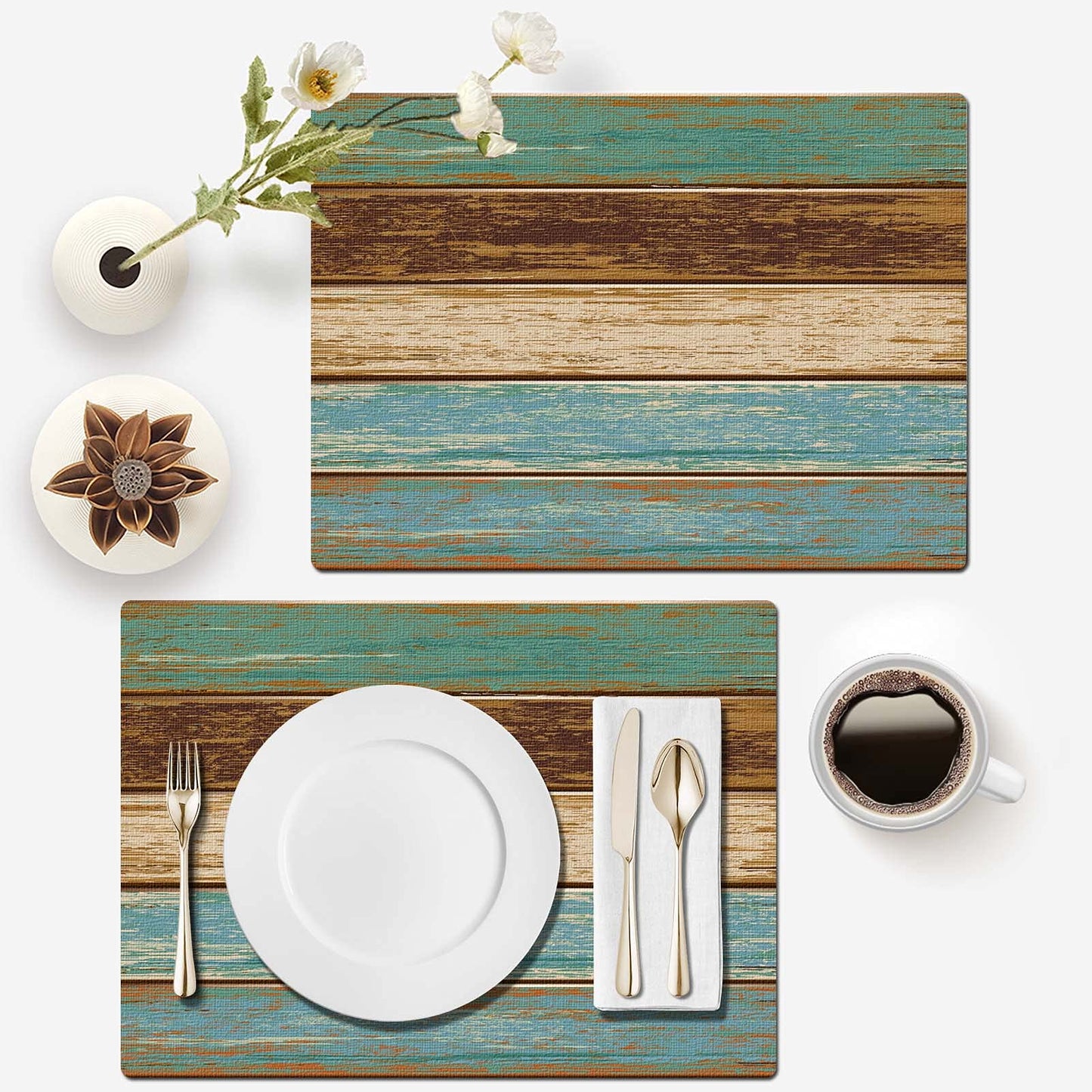 Mcalk Farmhouse Table Runner and Placemats Set of 6 Pieces, Teal and Brown Placemats Wooden Texture,Rectangle Cloth Place Mats Indoor for Kitchen,Washable Placemats Linen Material for Living Table