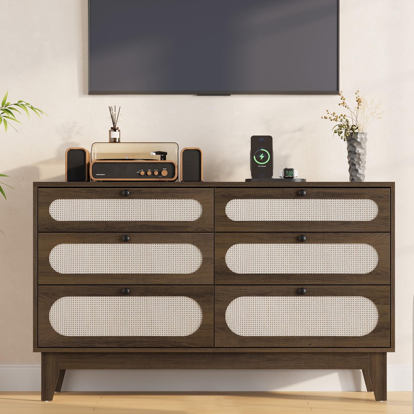 GarveeLife Rattan 6-Drawer Storage Dresser with USB Ports and Power Outlets, Wooden Chest for Bedroom and Living Room, Natural Oak Finish