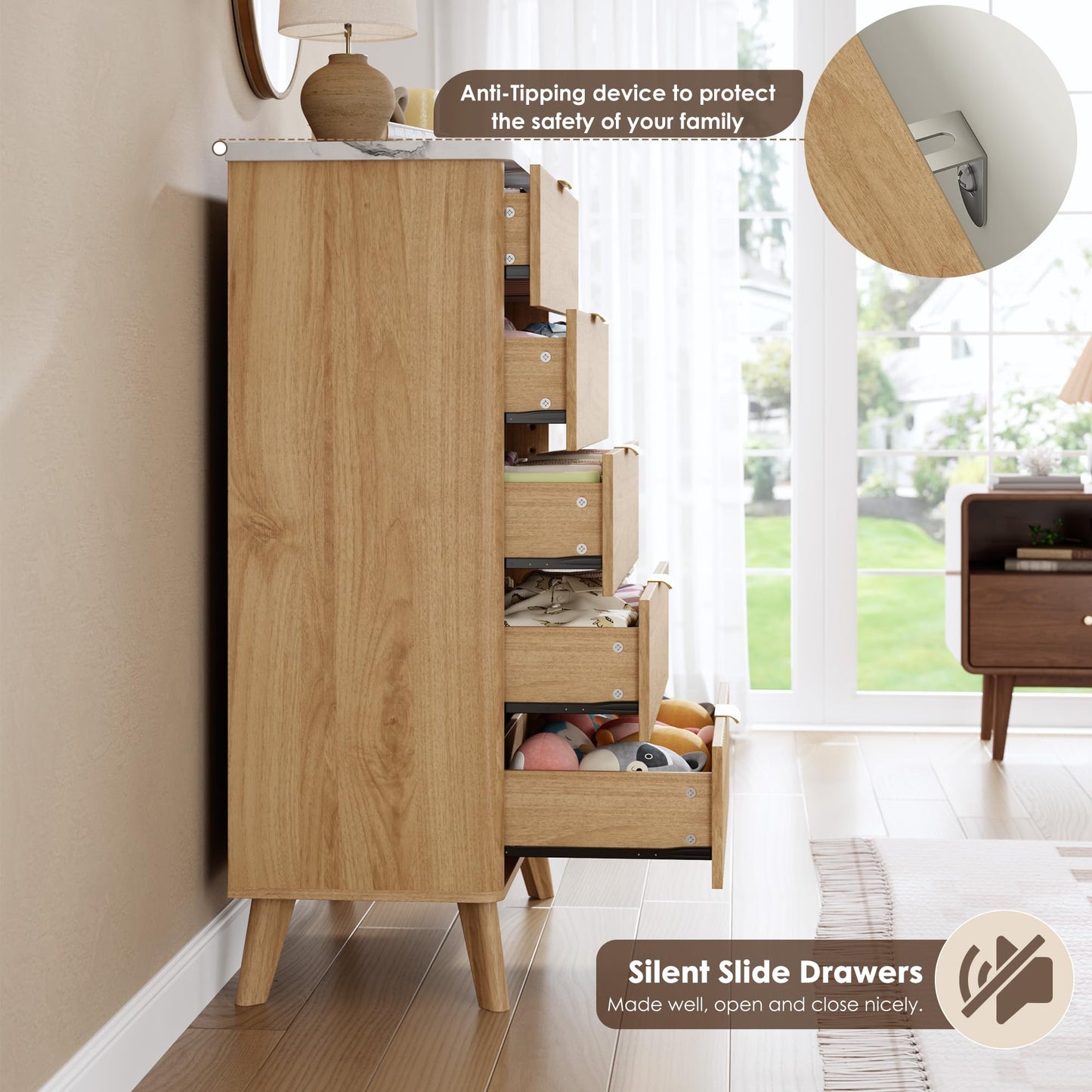 Fluted Dresser for Bedroom with 5 Deep Drawers, 47.2 in Tall Chest of Drawers with Faux Marble Top, Curved Profile Design, Modern Wooden Dresser, for Living Room, Kids Room, Hallway, Natural Oak