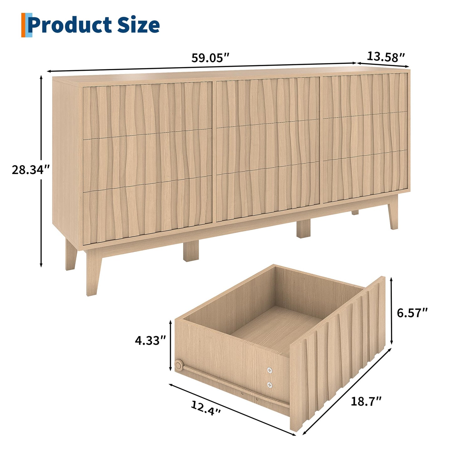 IDEALHOUSE Modern Fluted Dresser with 9 Drawers - Freestanding Wooden Storage Cabinet, Chest of Drawers for Bedroom for Living Room, Entryway, Hallway
