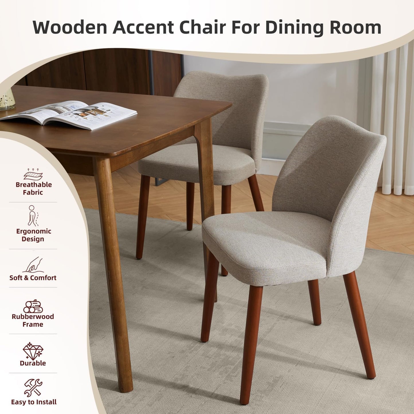 GarveeHome Wooden Dining Chairs Set of 4, Upholstered Mid Century Dining Chairs with Thick Seat Cushion and Curved Back for Dining/Kitchen/Living Room, Camel