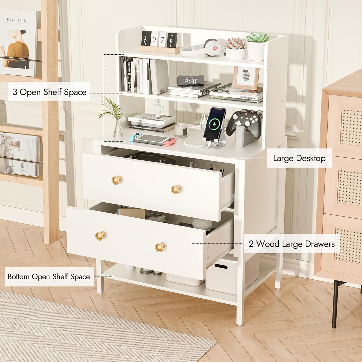 PATAVOT 24 Inch White Nightstand with 2 Drawers & Charging Station