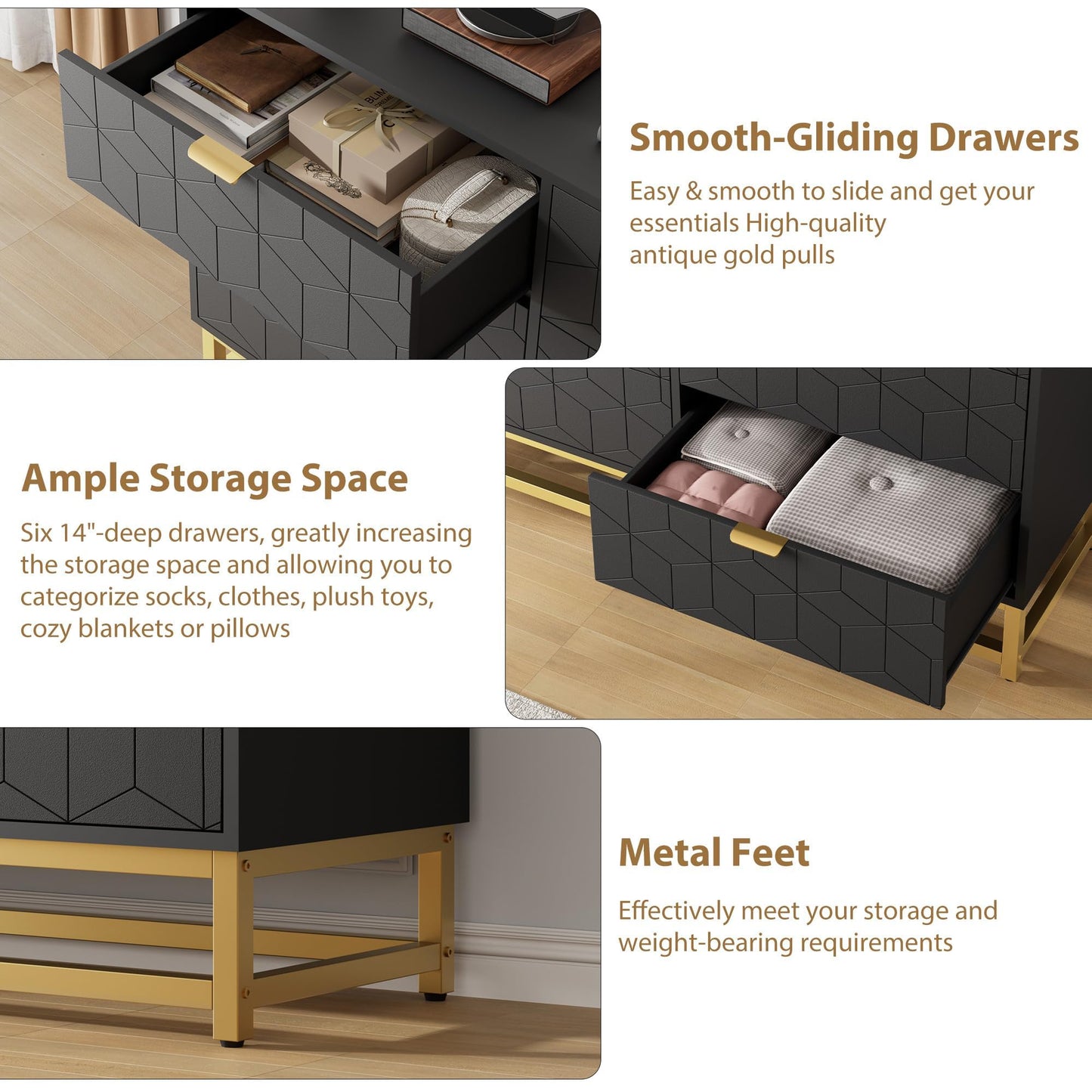 GAOMON Black 6 Drawer Double Dresser,Modern Dresser for Bedroom with Gold Handles,Long Storage Organizer for Closet & TV Stand,Large Chest of Drawers for Living Room,Hallway,Entryway