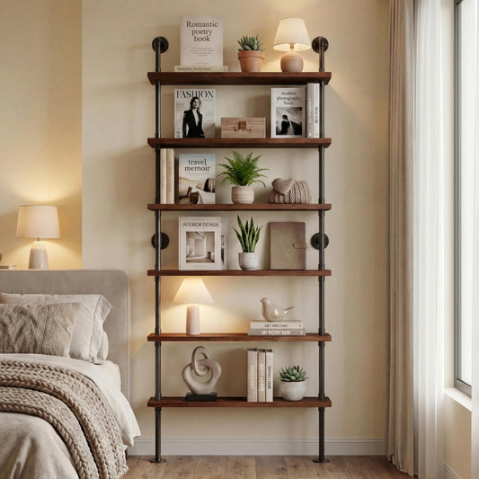 Anynice 6 Tier Industrial Ladder Shelf Bookcase, Wall Mounted Rustic Bookshelf for Living Room Decor and Storage (Walnut Color, 6 Tier - 10" D x 36" W x 82.5" H)