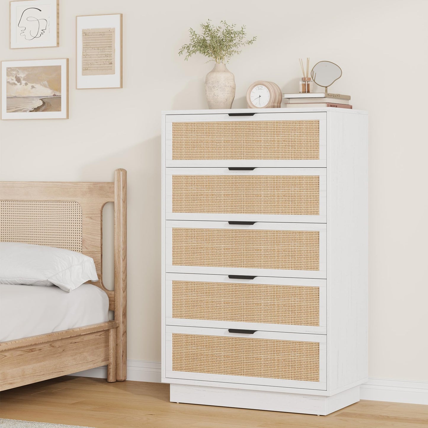 IDEALHOUSE 30'' Wide Nightstand for Bedroom, Wooden Bedside Table with Metal Handle & 5 Drawers, Mid Century Modern Wood Night Stand for Living Room, Closet, White