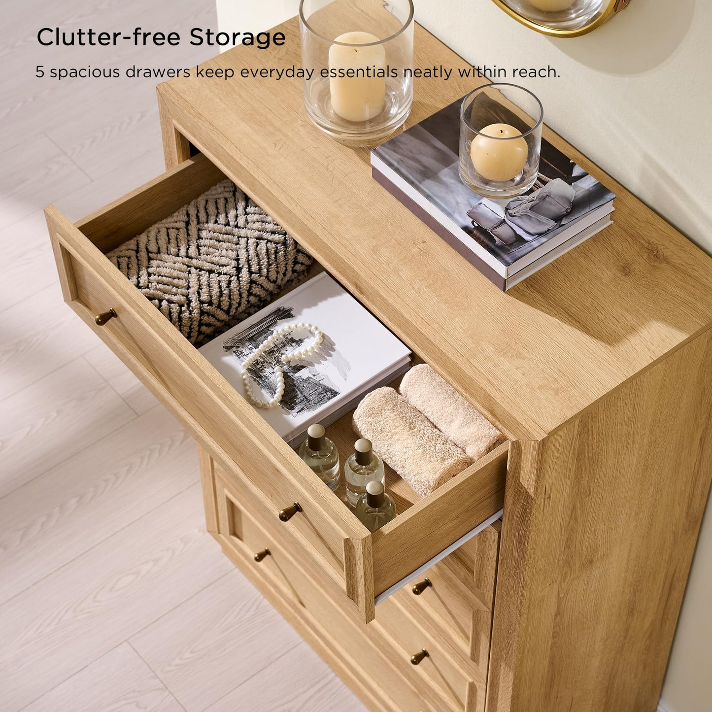ACCOHOHO 5 Drawer Dresser with Two Included Base Styles, 46" Tall Chest of Drawers, Transitional Modern Closet Dresser with Antique Brass Knobs, Wooden Dresser for Bedroom, Living Room, Natural Oak