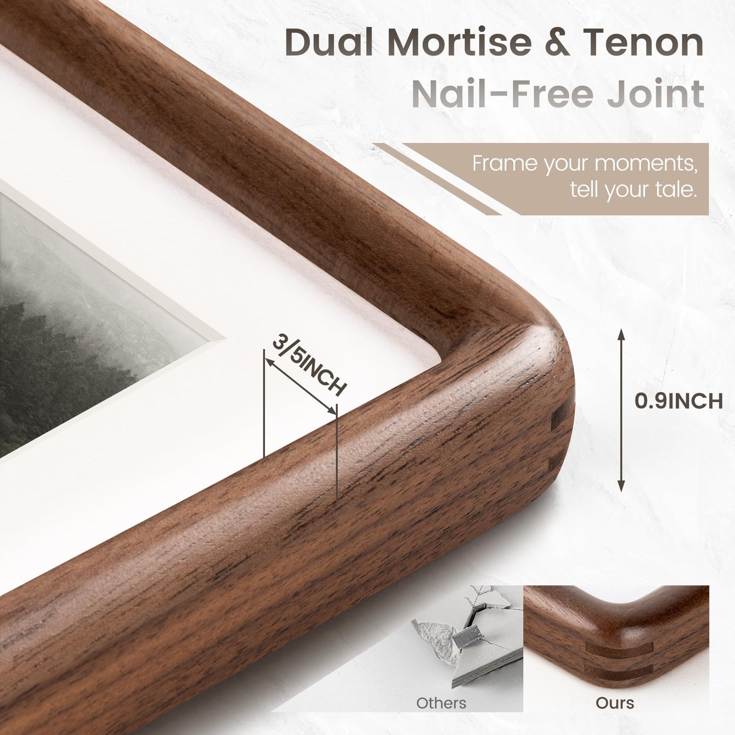 Venusmiles 8x10 Picture Frame, USA-Sourced Natural Walnut Wood Photo Frame with Tempered Glass, Handcrafted Rounded Corner 8 x 10 Wooden Frame Matted to 5x7 Photo, Wall or Tabletop Display