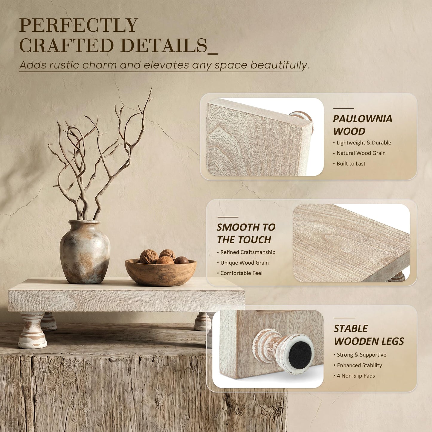 Wood Display Risers for Bathroom Vanity and Kitchen Decor, Natural Wood