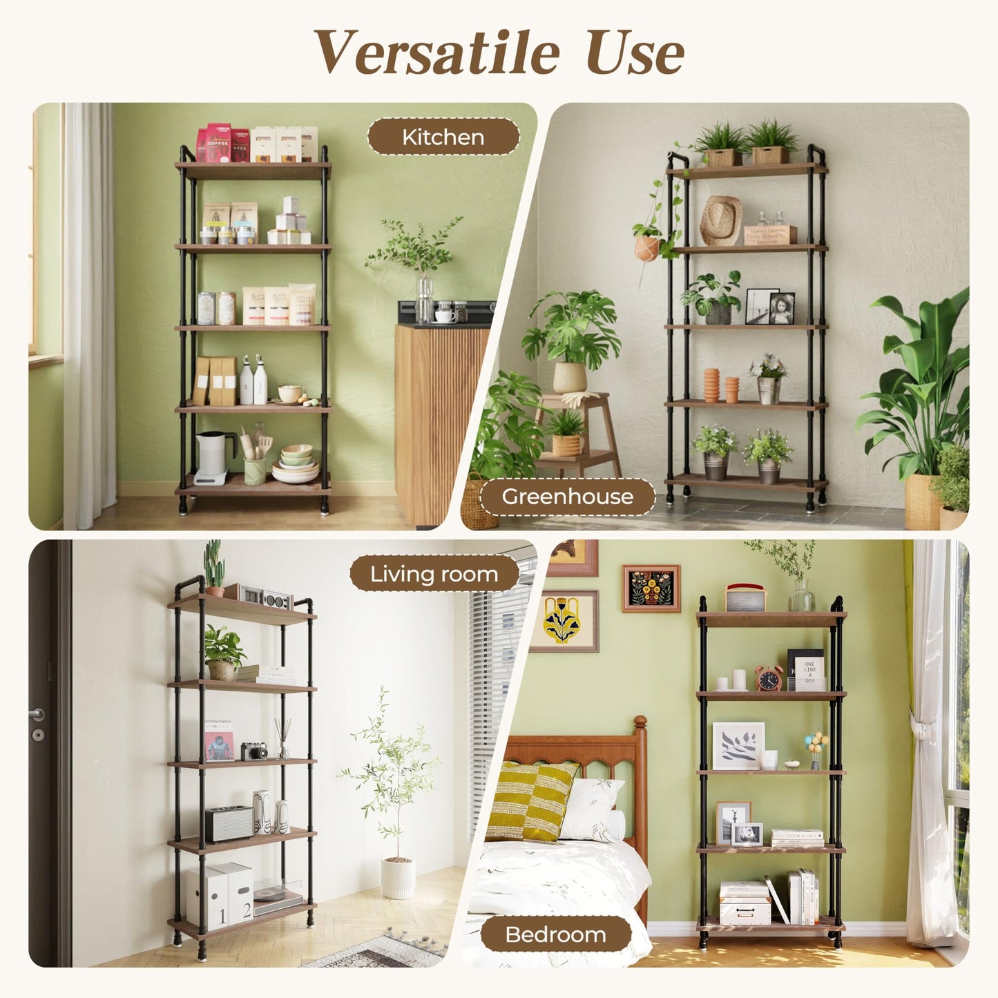 Anynice Industrial Bookshelf, Rustic Open Bookcase, 5 Tier Wood and Metal Bookshelf, Solid Pine Wood and Iron Pipe Tall Narrow Storage Shelf for Living Room Bedroom Office Kitchen