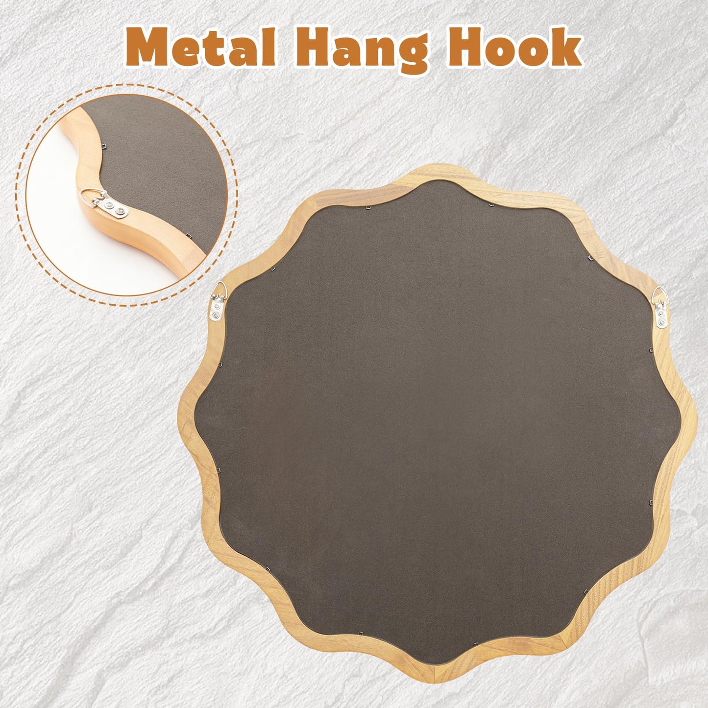 Vercraft 24 Inch Scalloped Wooden Bathroom Round Circle Mirror for Wall, Boho Wavy with Tempered Glass, Natural Frame Hanging for Bedroom, Living Room, Entryway, Farmhouse (Natural Wood Color)
